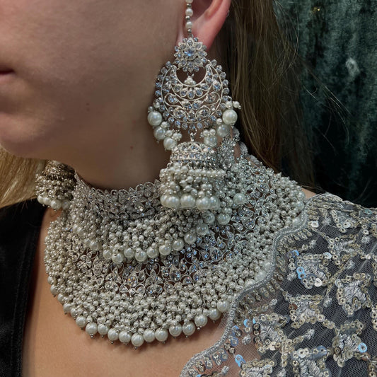 Silver Bridal Set - Pearl Indian/ Pakistani Style With Jhumka earring, Tikka/Tikli, Jhumar/jhoomar/ Wedding/ Fashion Jewellery/ Necklace set