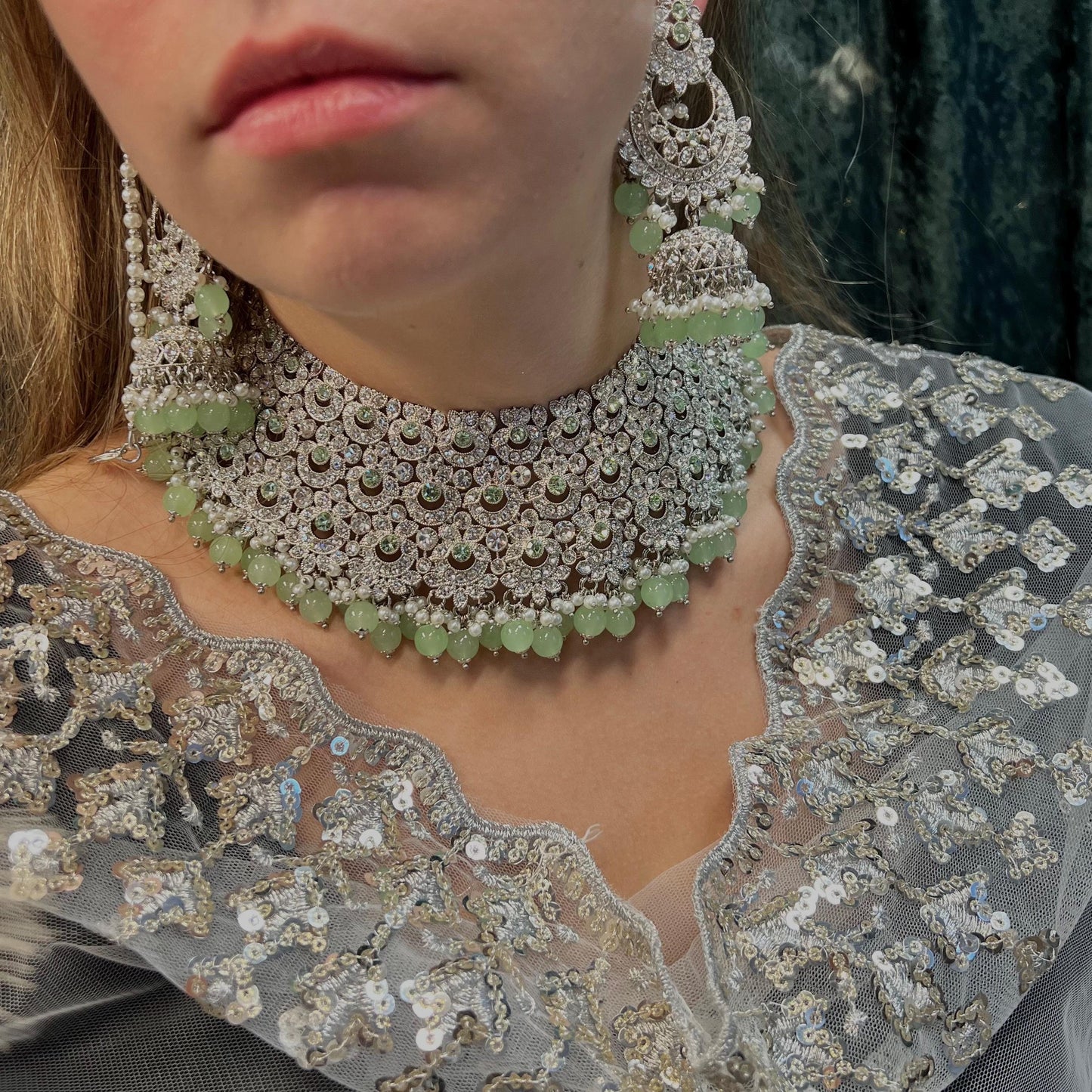 Mint Silver Bridal Set - Indian Pakistani Traditional Style With Jhumka earring,Tikka Wedding Fashion Jewellery Necklace set 3 Piece