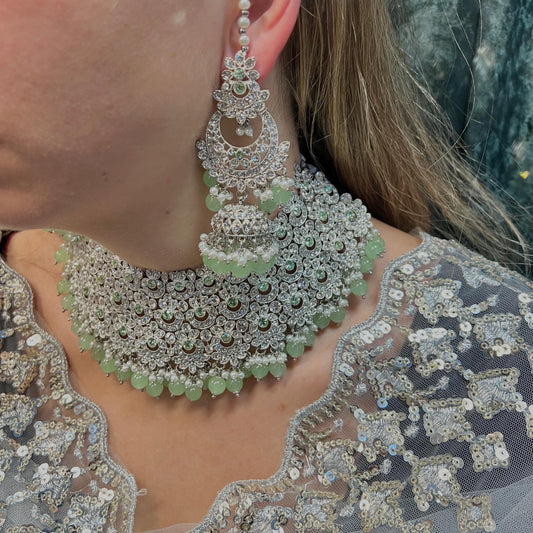 Mint Silver Bridal Set - Indian Pakistani Traditional Style With Jhumka earring,Tikka Wedding Fashion Jewellery Necklace set 3 Piece