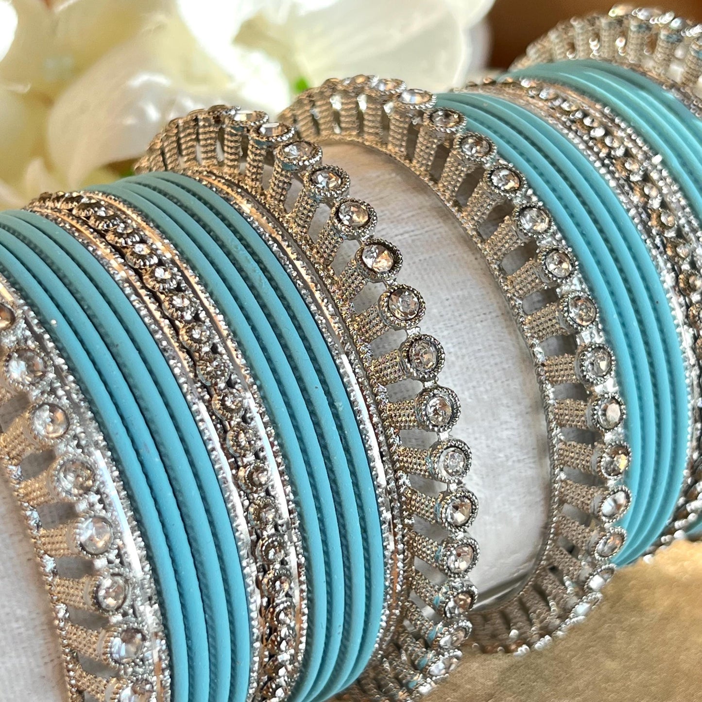 Blue Silver Small Bangle Set for Both Arms traditional Bollywood Indian Pakistani Churi set Jewelley Fashion wedding jewellery sale 2.6