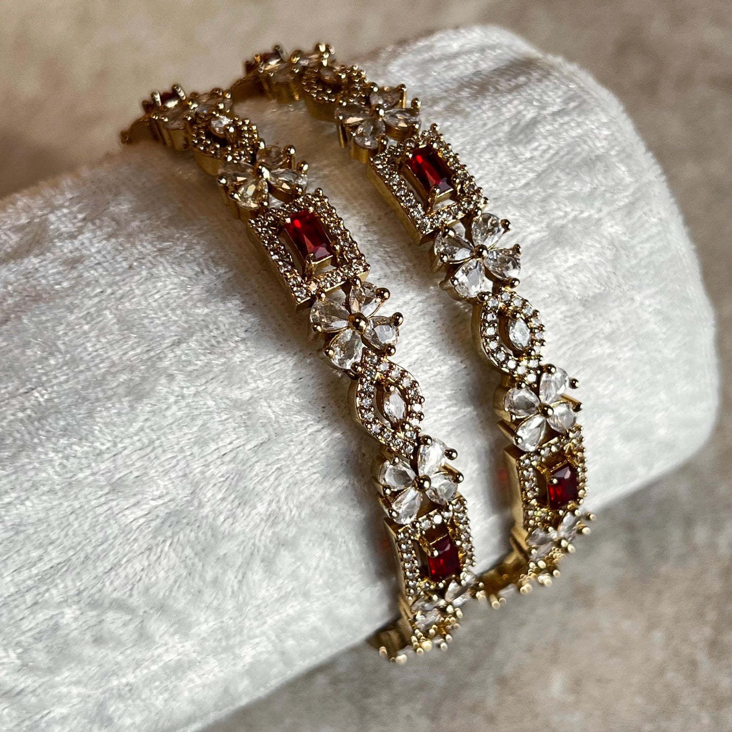 Set of 2 Antique Gold Clear Zircon Crystal with Red detail Bangles High Quality Nickel Free Indian Pakistani Jewelley Fashion Bracelet 2.6