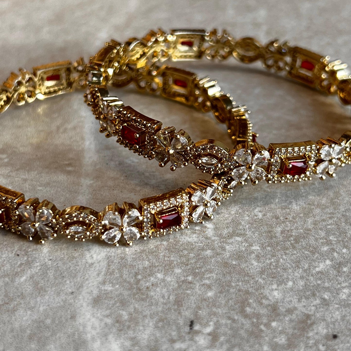 Set of 2 Antique Gold Clear Zircon Crystal with Red detail Bangles High Quality Nickel Free Indian Pakistani Jewelley Fashion Bracelet 2.6