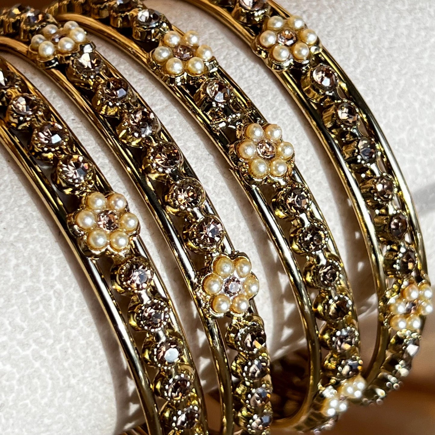 Pearl Flower Gold Bangles set of 4 Antique Gold and Golden Stone Bangles Bollywood Indian Pakistani Jewelley Fashion Bracelet gift 2.6