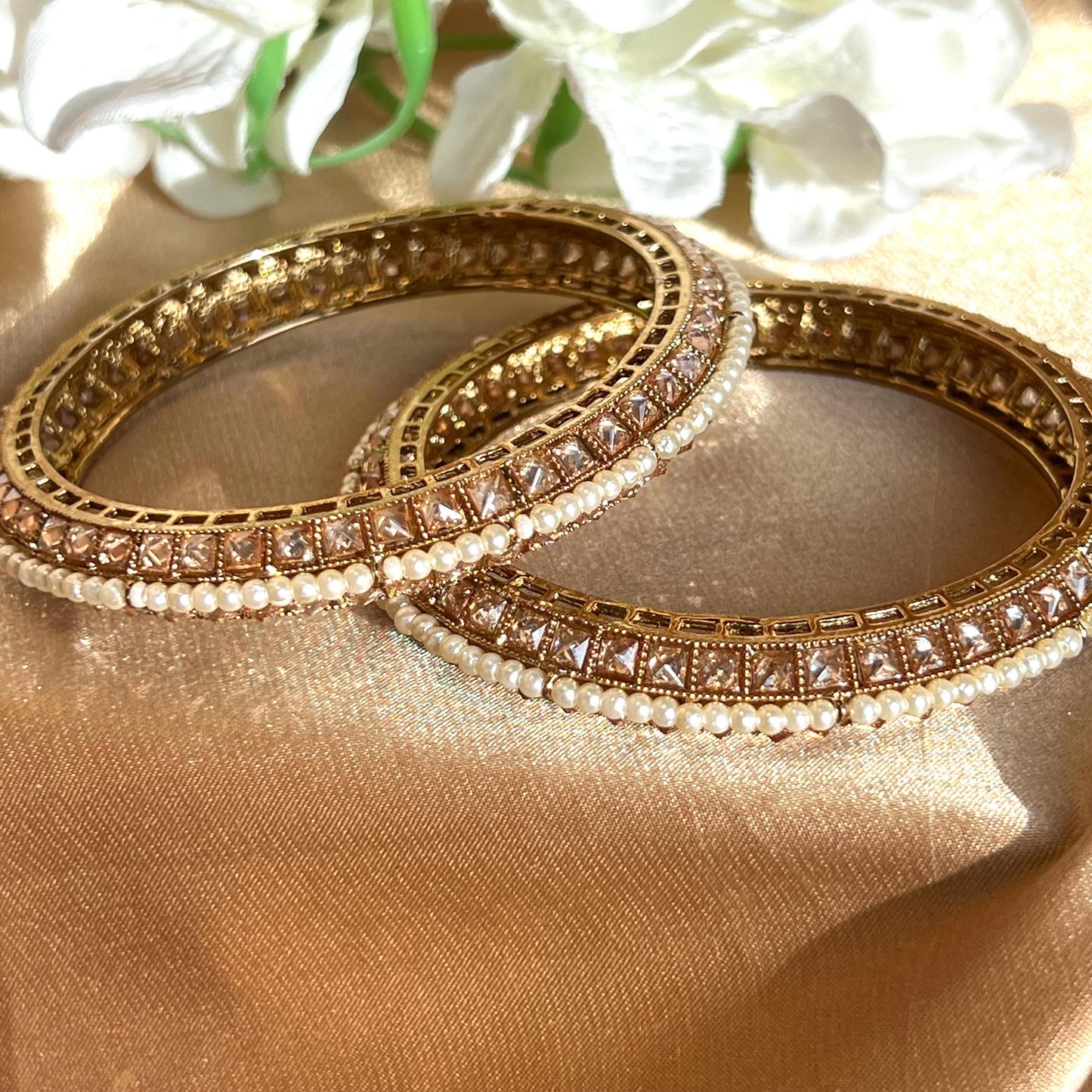 Set of 2 Gold/ Champagne/ Pearl Bangles - Indian/ Pakistani/Jewelley/ Fashion Bracelet 2.6