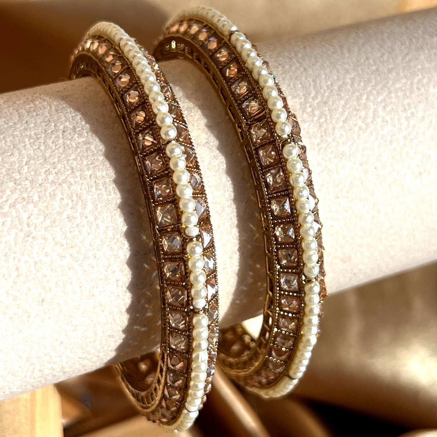 Set of 2 Gold/ Champagne/ Pearl Bangles - Indian/ Pakistani/Jewelley/ Fashion Bracelet 2.6