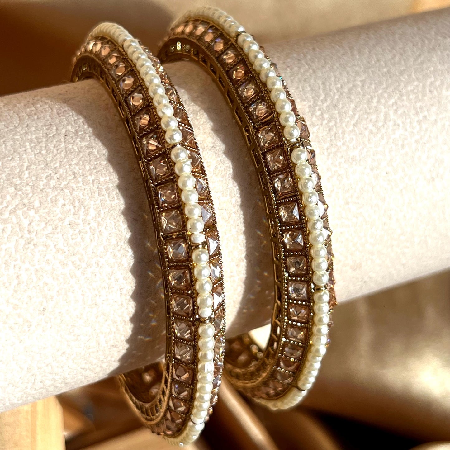 Set of 2 Gold/ Champagne/ Pearl Bangles - Indian/ Pakistani/Jewelley/ Fashion Bracelet 2.6