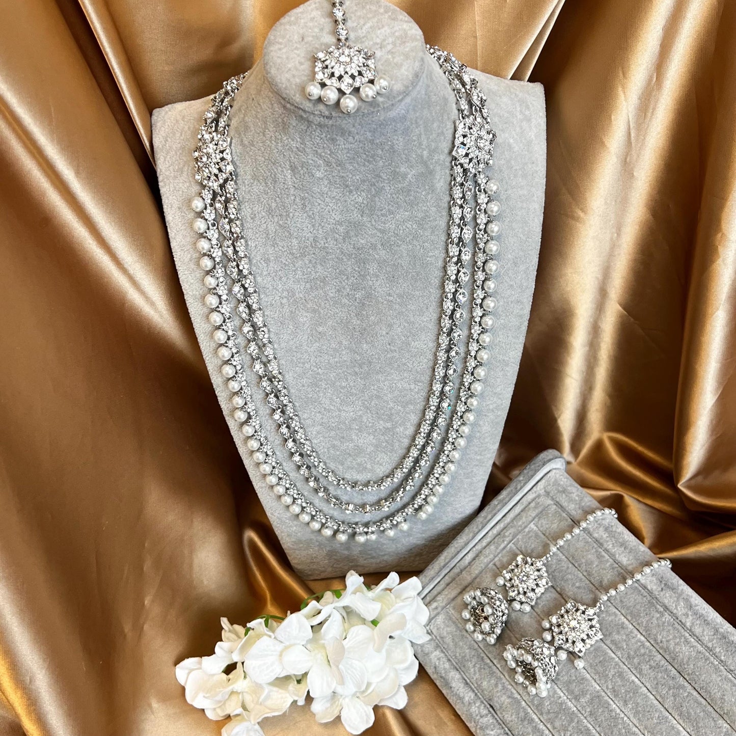 Pearl Silver Rhinestone Crystal  Long Mala Haar/ Long Necklace Set with Earring Jhumka Chain and Tikka Indian Pakistani Fashion Jewellery