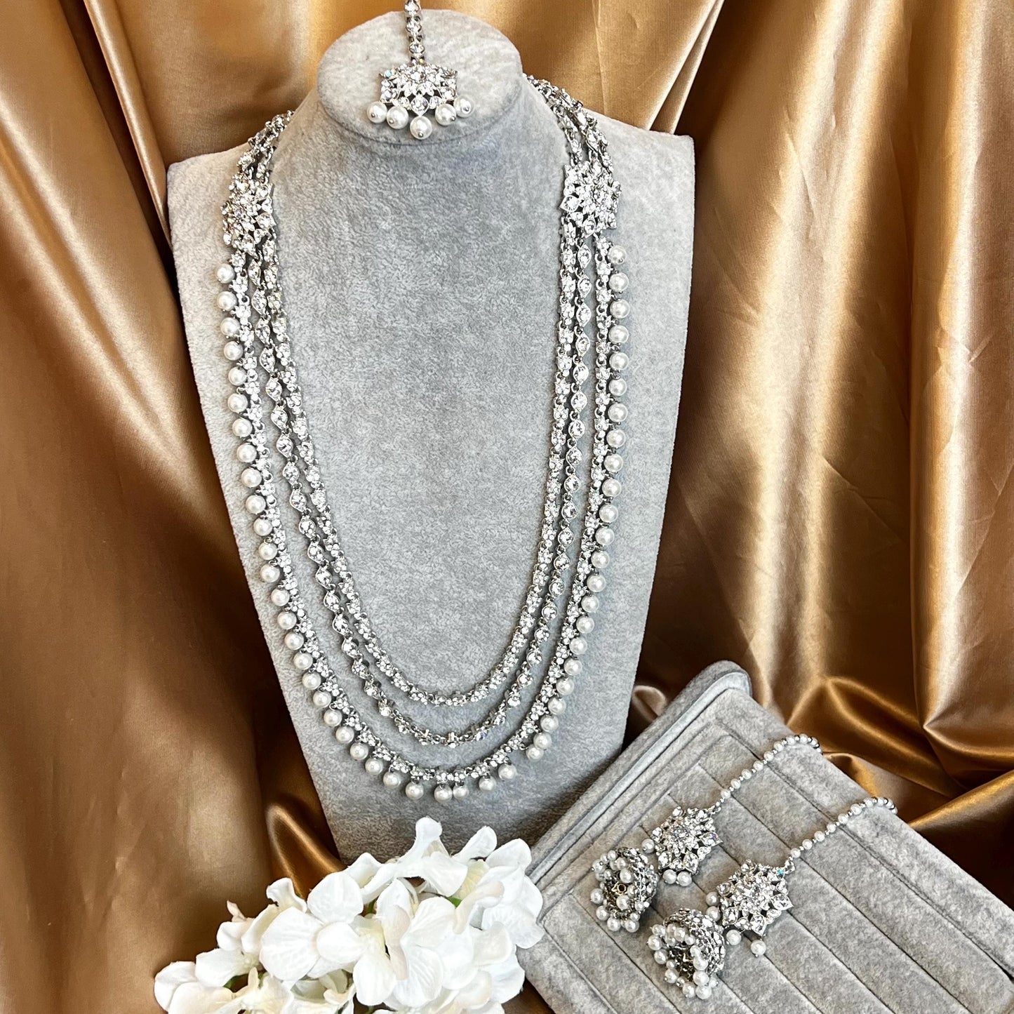 Pearl Silver Rhinestone Crystal  Long Mala Haar/ Long Necklace Set with Earring Jhumka Chain and Tikka Indian Pakistani Fashion Jewellery