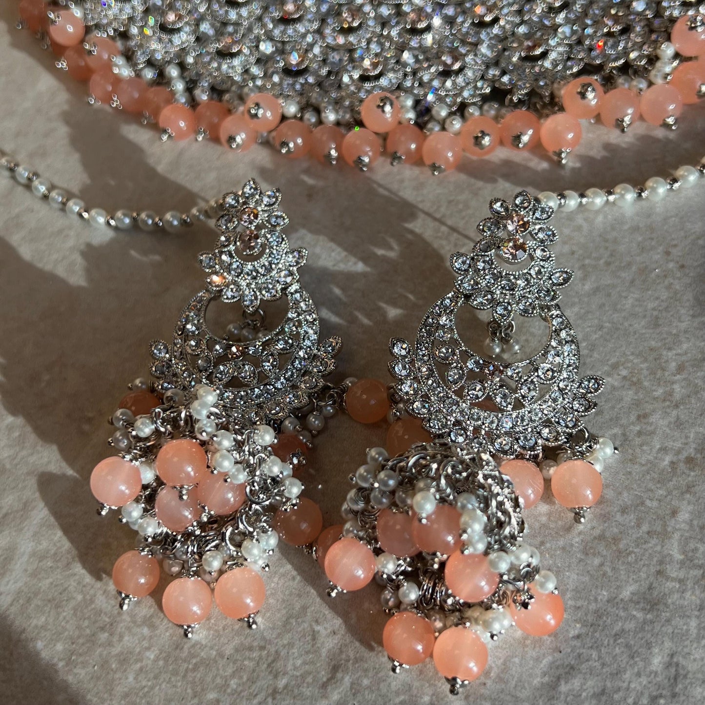 Peach Silver Bridal Set - Indian Pakistani Traditional Style With Jhumka earring,Tikka Wedding Fashion Jewellery Necklace set 3 Piece