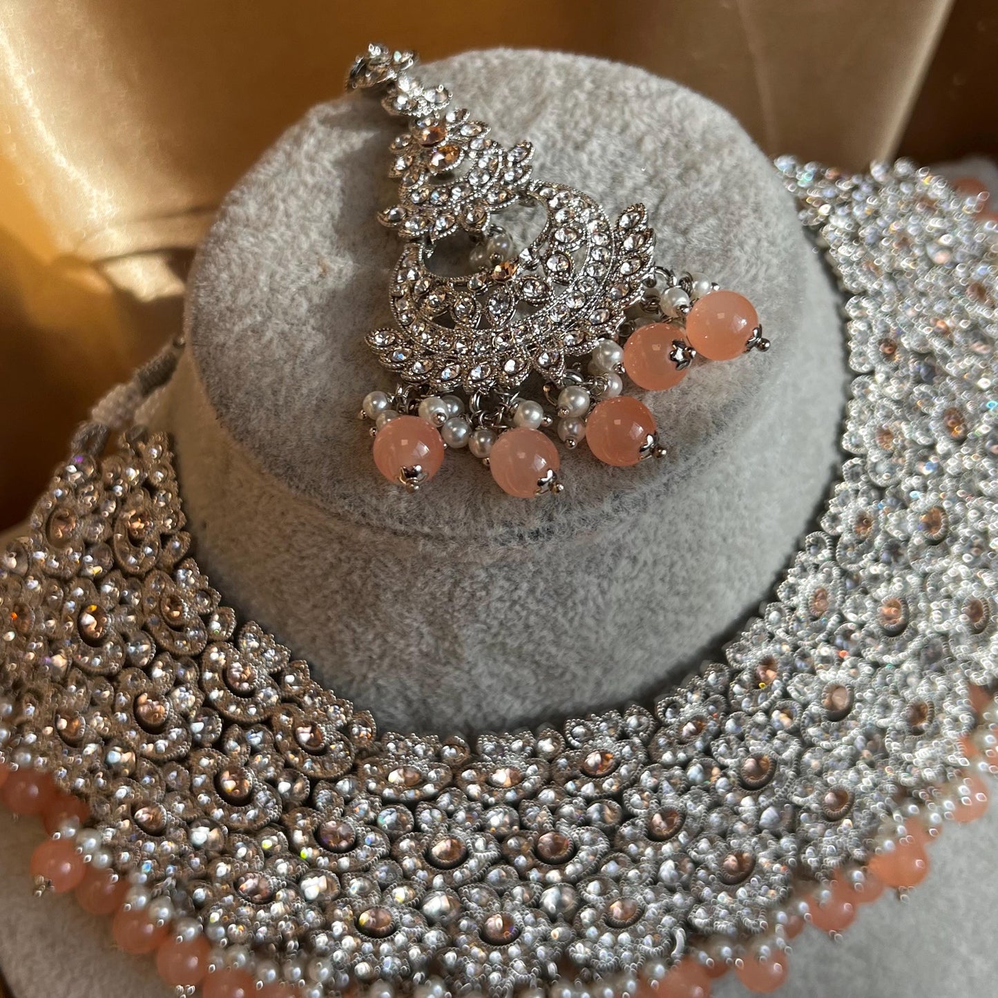 Peach Silver Bridal Set - Indian Pakistani Traditional Style With Jhumka earring,Tikka Wedding Fashion Jewellery Necklace set 3 Piece