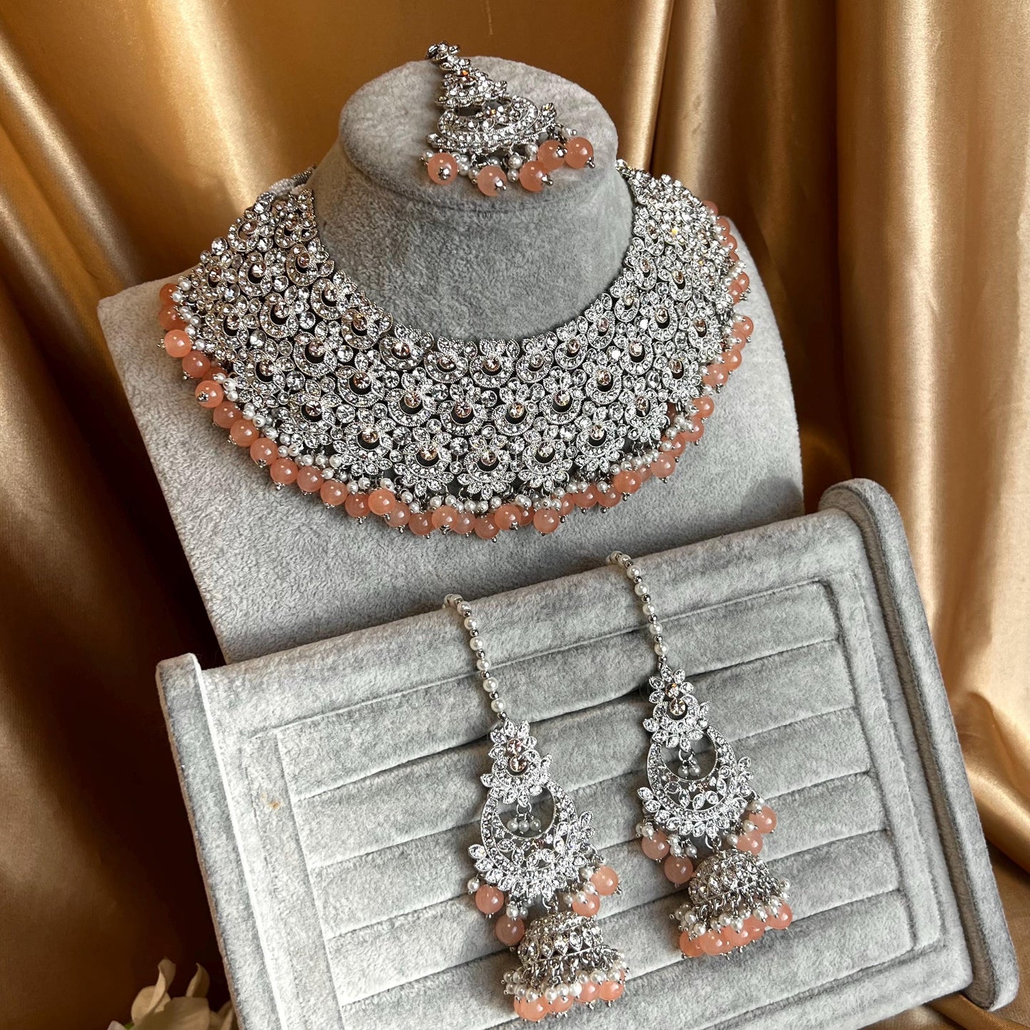 Peach Silver Bridal Set - Indian Pakistani Traditional Style With Jhumka earring,Tikka Wedding Fashion Jewellery Necklace set 3 Piece