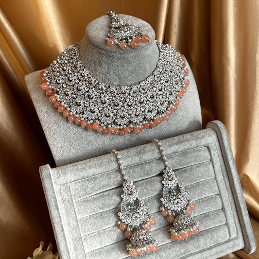 Peach Silver Bridal Set - Indian Pakistani Traditional Style With Jhumka earring,Tikka Wedding Fashion Jewellery Necklace set 3 Piece