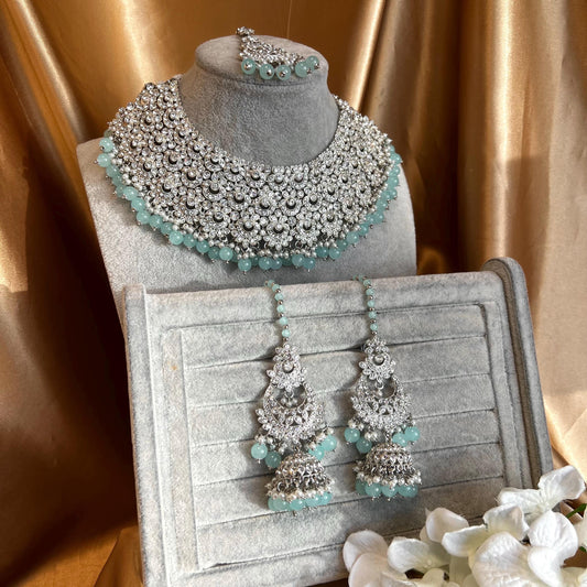 Blue Silver Bridal Set - Indian Pakistani Traditional Style With Jhumka earring,Tikka Wedding Fashion Jewellery Necklace set 3 Piece