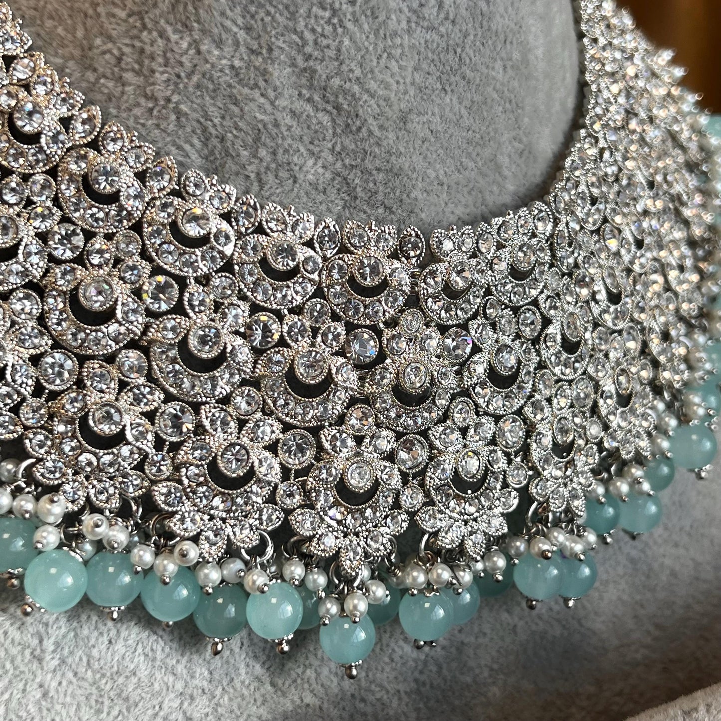 Blue Silver Bridal Set - Indian Pakistani Traditional Style With Jhumka earring,Tikka Wedding Fashion Jewellery Necklace set 3 Piece