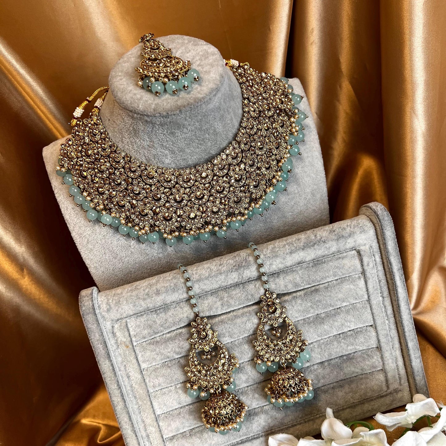 Blue Antique Gold Bridal Set - Indian Pakistani Traditional Style With Jhumka earring,Tikka Wedding Fashion Jewellery Necklace set 3 Piece