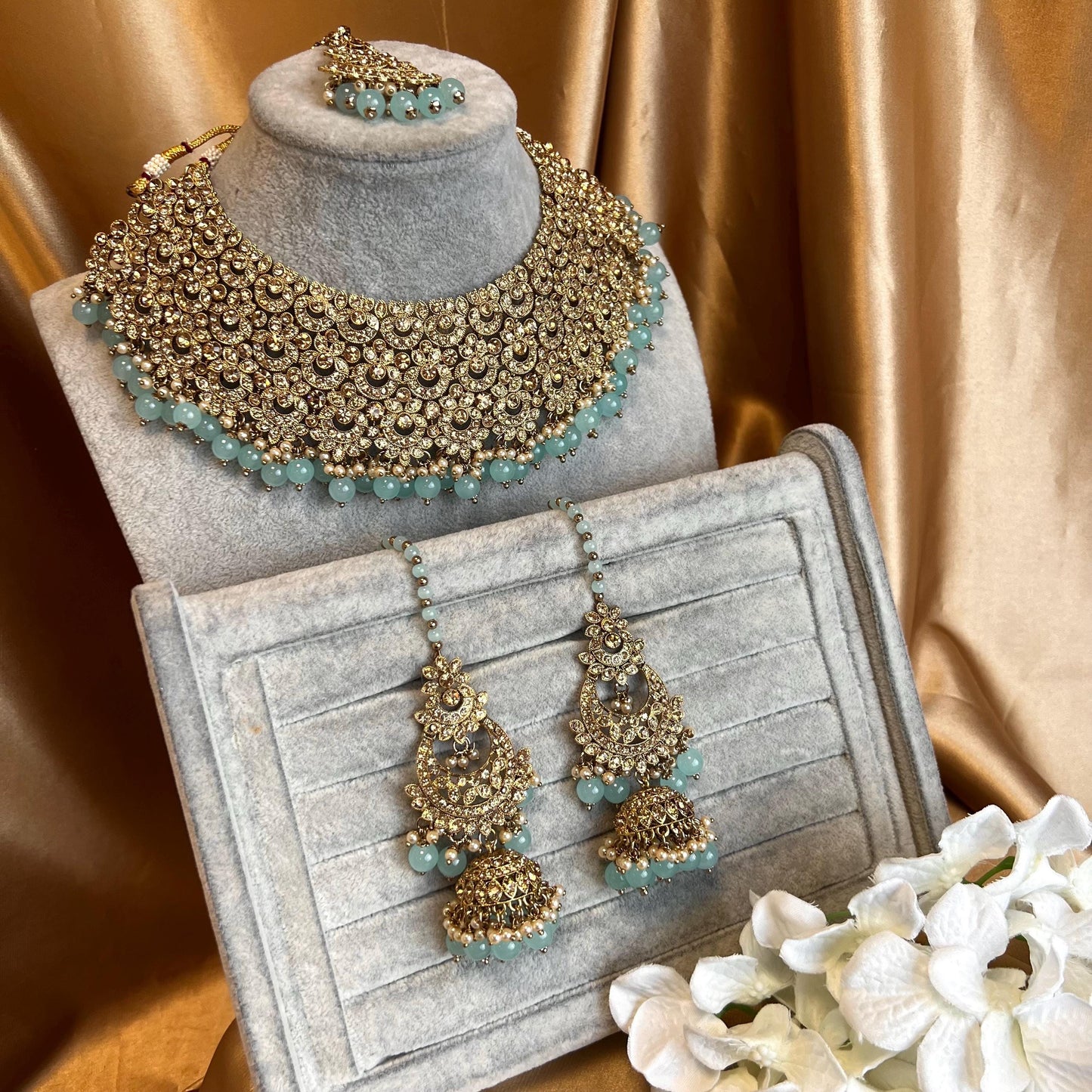 Blue Antique Gold Bridal Set - Indian Pakistani Traditional Style With Jhumka earring,Tikka Wedding Fashion Jewellery Necklace set 3 Piece