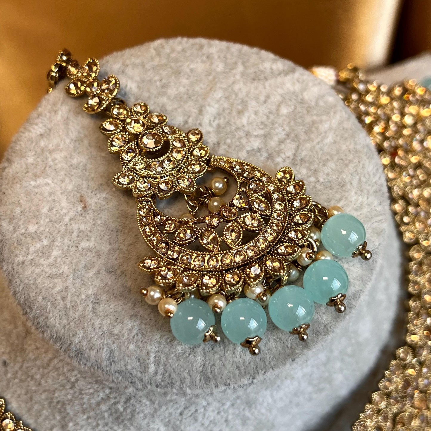 Blue Antique Gold Bridal Set - Indian Pakistani Traditional Style With Jhumka earring,Tikka Wedding Fashion Jewellery Necklace set 3 Piece