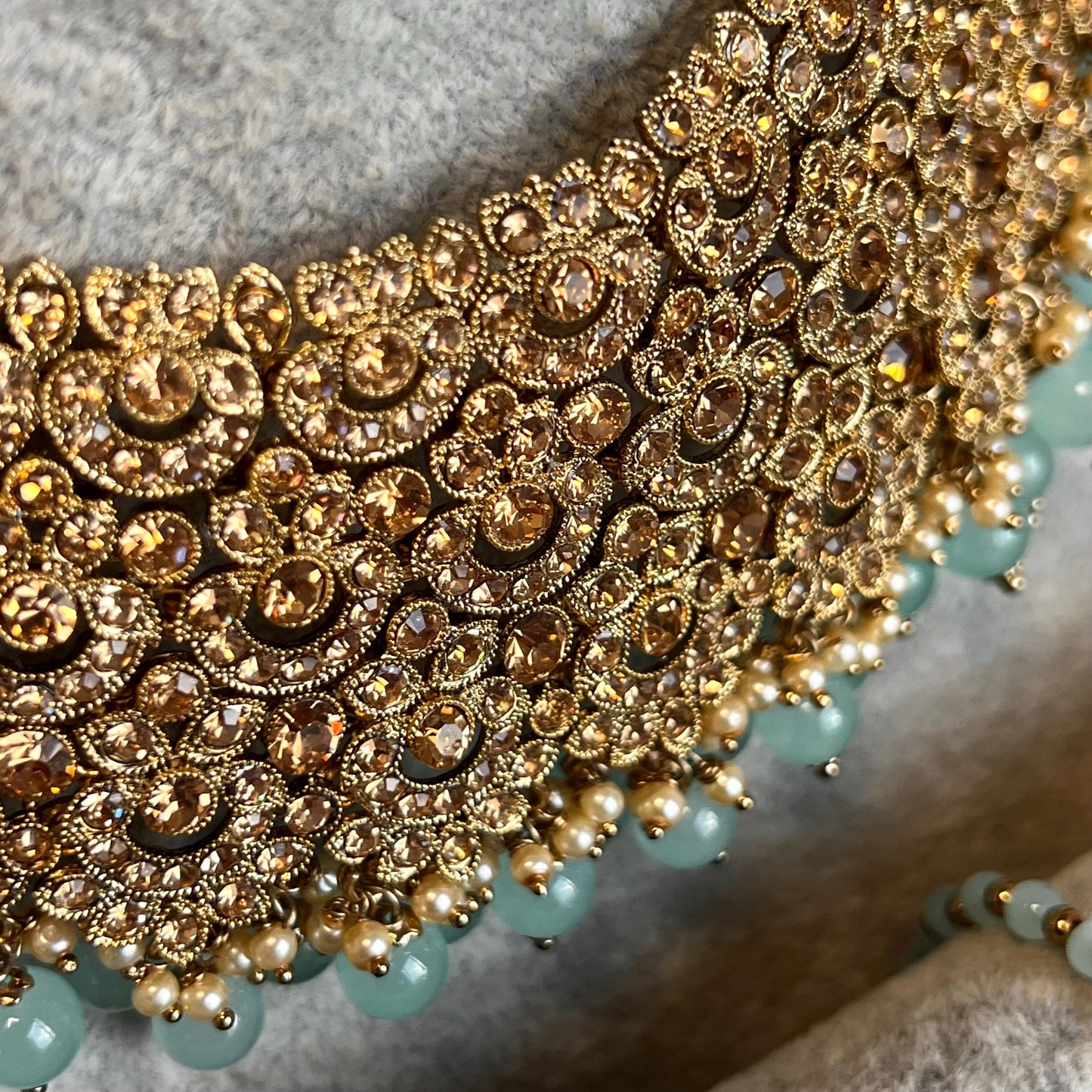 Blue Antique Gold Bridal Set - Indian Pakistani Traditional Style With Jhumka earring,Tikka Wedding Fashion Jewellery Necklace set 3 Piece