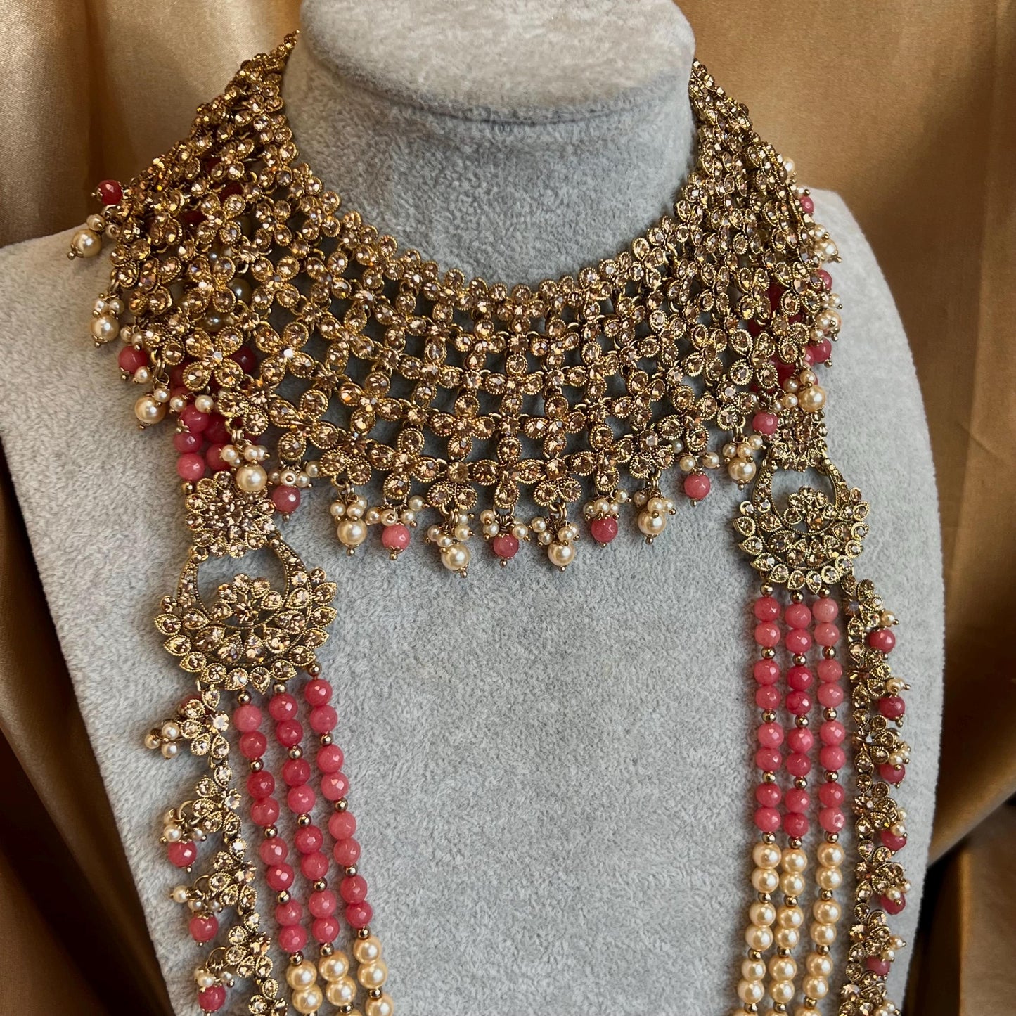 Pink Coral Golden Full 8 Piece Bridal Necklace Set Traditional Indian Pakistani Style Wedding Fashion Jewellery Heavy Necklace set Sale