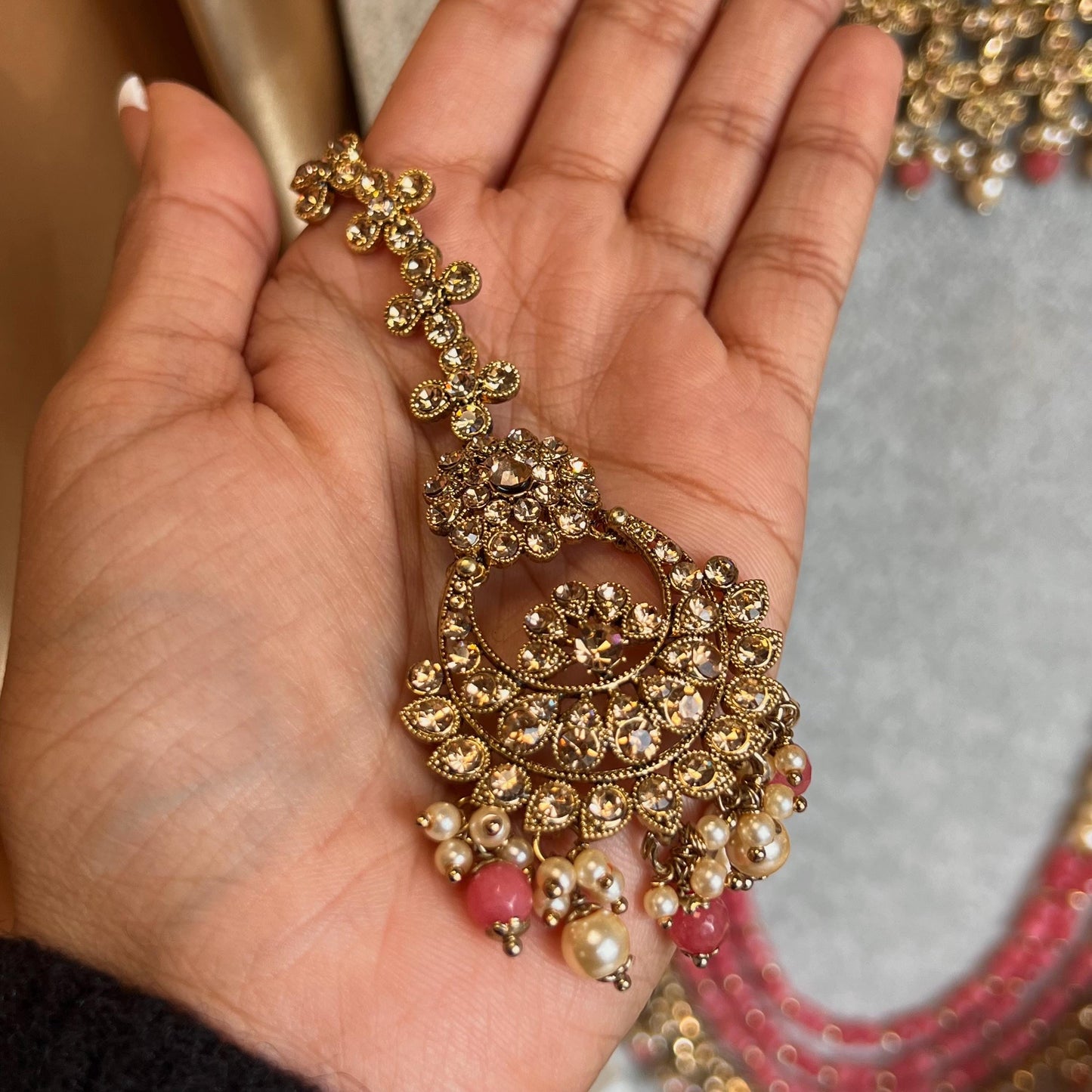 Pink Coral Golden Full 8 Piece Bridal Necklace Set Traditional Indian Pakistani Style Wedding Fashion Jewellery Heavy Necklace set Sale