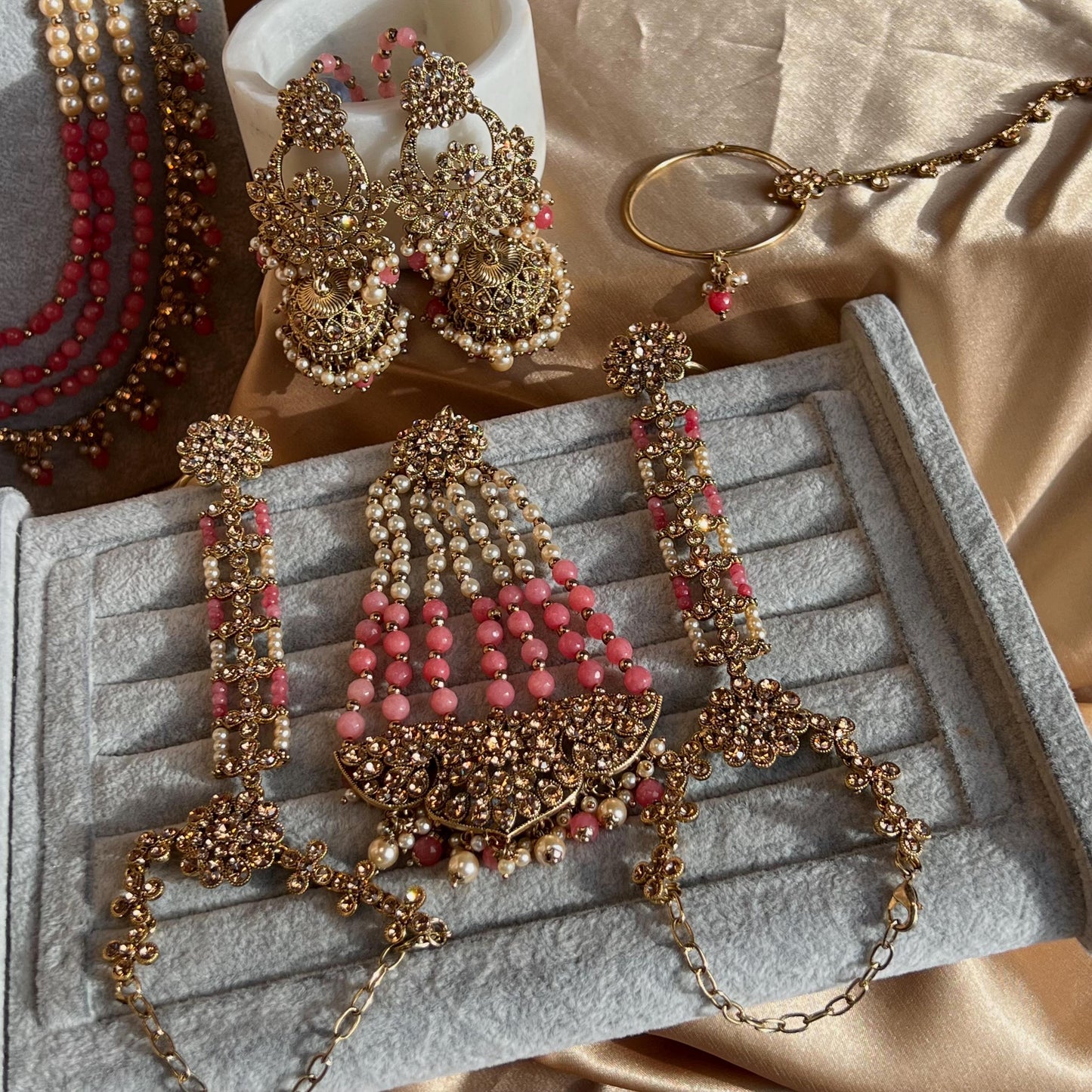 Pink Coral Golden Full 8 Piece Bridal Necklace Set Traditional Indian Pakistani Style Wedding Fashion Jewellery Heavy Necklace set Sale