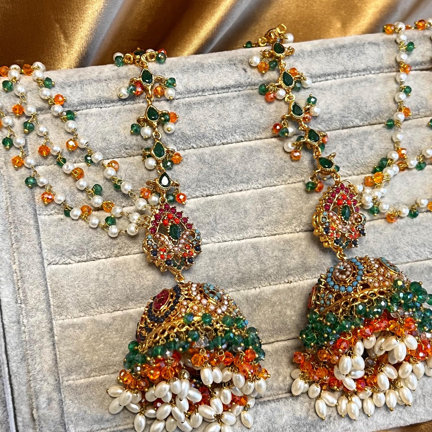 Mendhi Jewels Multicolour Necklace Large Jhumka Earrings ChainTikka Henna party Pakistani Indian Style Antique Gold Bollywood Fashion Party