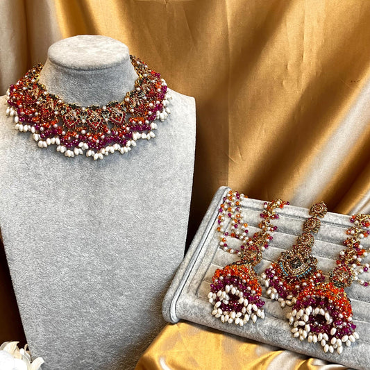 Mendhi Jewels Multicolour Necklace Large Jhumka Earrings ChainTikka Henna party Pakistani Indian Style Antique Gold Bollywood Fashion Party