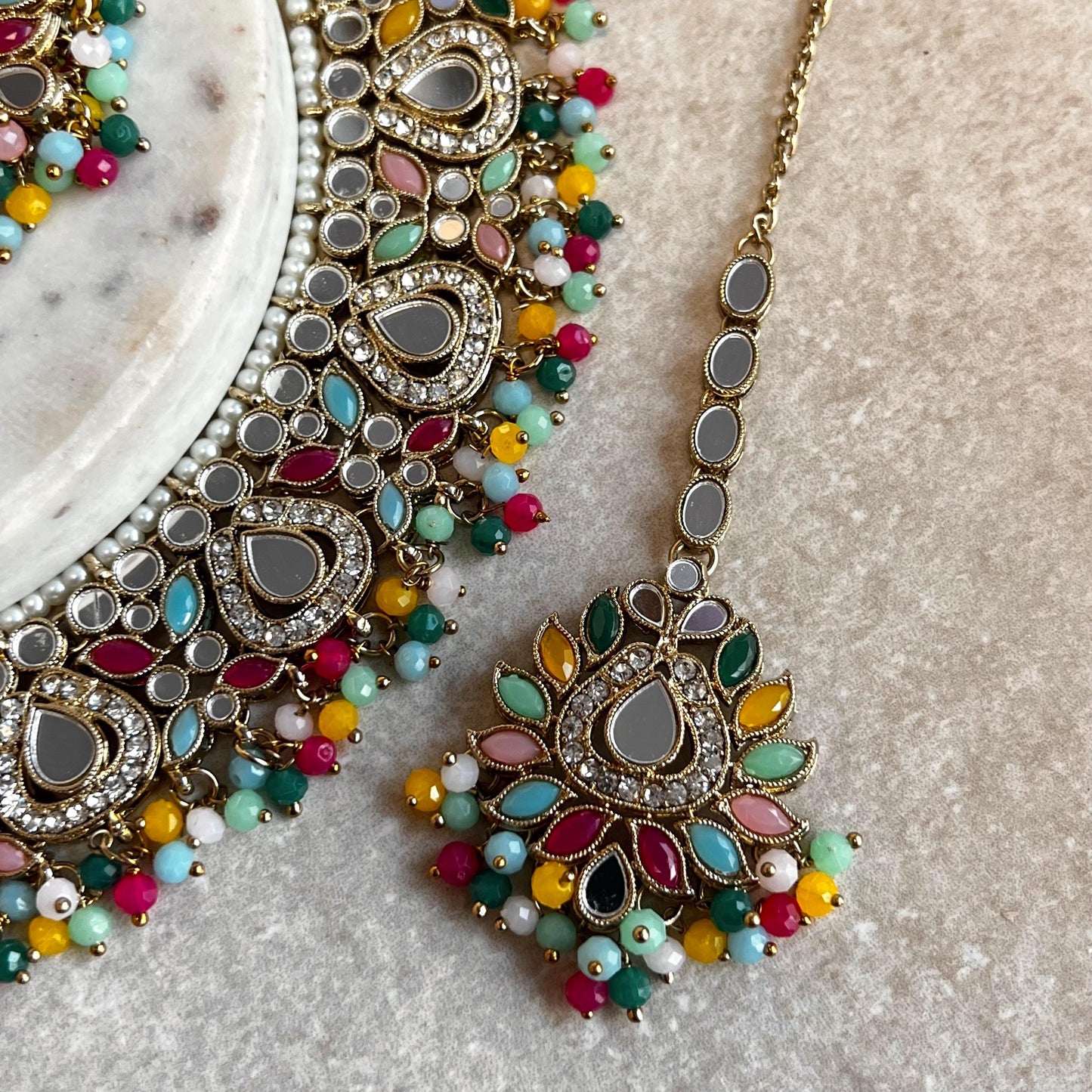 Mirror Multicolour Necklace Set Earring/ Tikka/ Tikli/ Indian/ Pakistani/Fashion Jewellery/ Gift for Women