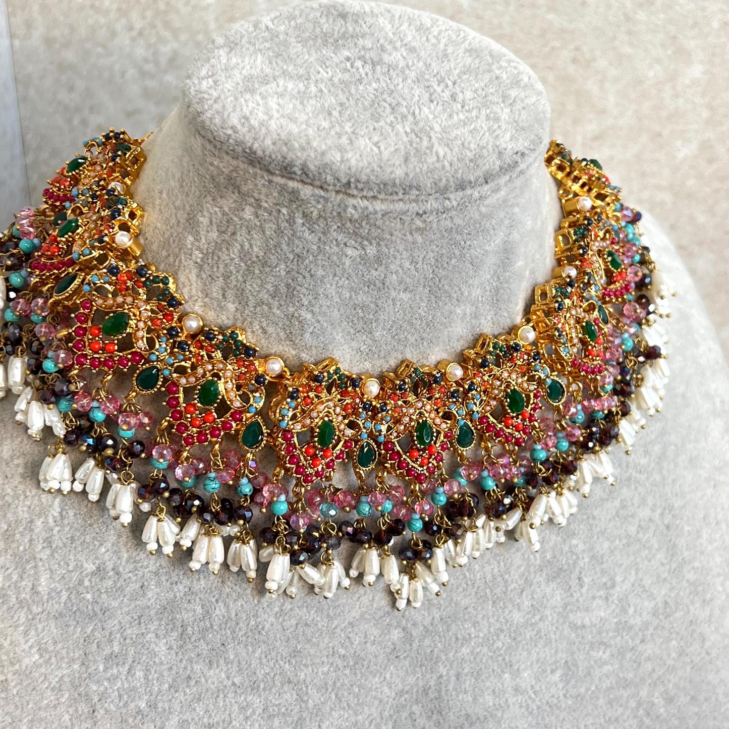 CLEARANCE SALE Beautiful Handmade Multicolour Necklace Set Large Jhumka Earring with chain. Desi/ Indian/ Pakistani/Fashion Jewellery/ Gift