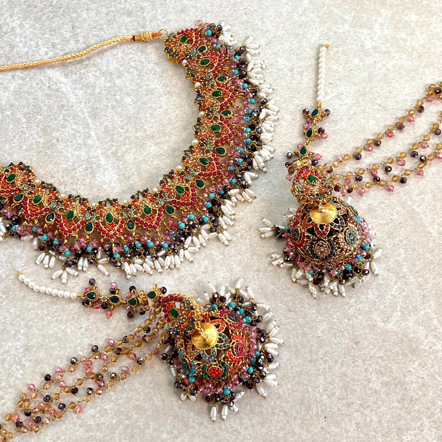 CLEARANCE SALE Beautiful Handmade Multicolour Necklace Set Large Jhumka Earring with chain. Desi/ Indian/ Pakistani/Fashion Jewellery/ Gift