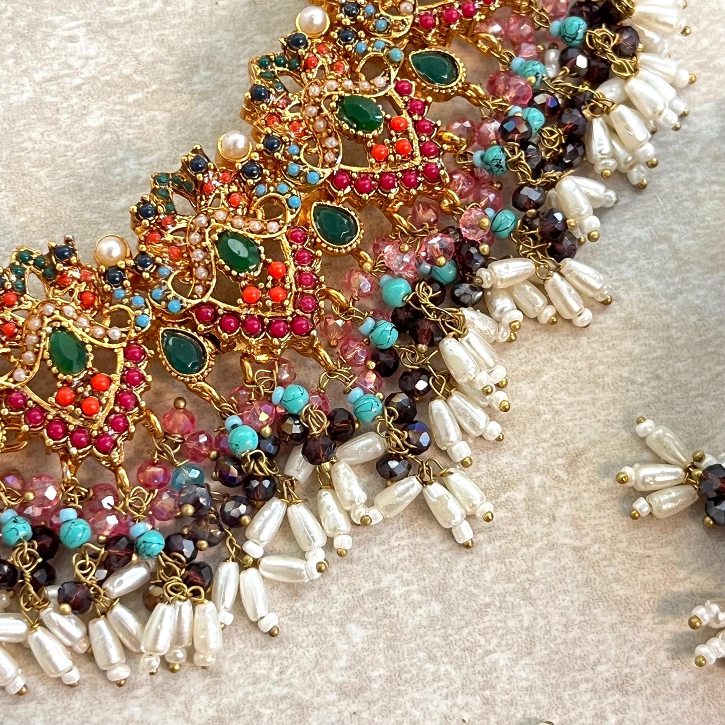 CLEARANCE SALE Beautiful Handmade Multicolour Necklace Set Large Jhumka Earring with chain. Desi/ Indian/ Pakistani/Fashion Jewellery/ Gift