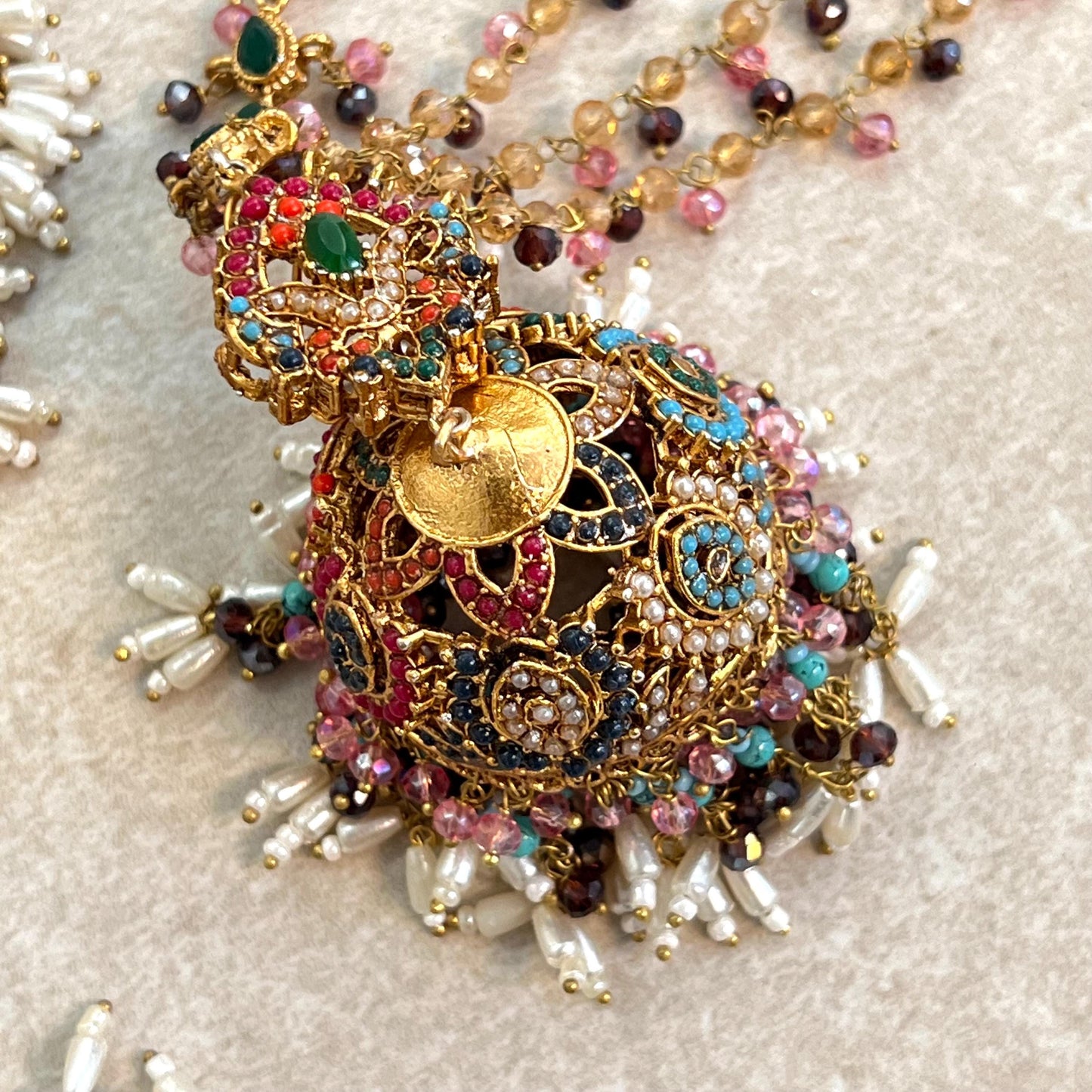 CLEARANCE SALE Beautiful Handmade Multicolour Necklace Set Large Jhumka Earring with chain. Desi/ Indian/ Pakistani/Fashion Jewellery/ Gift