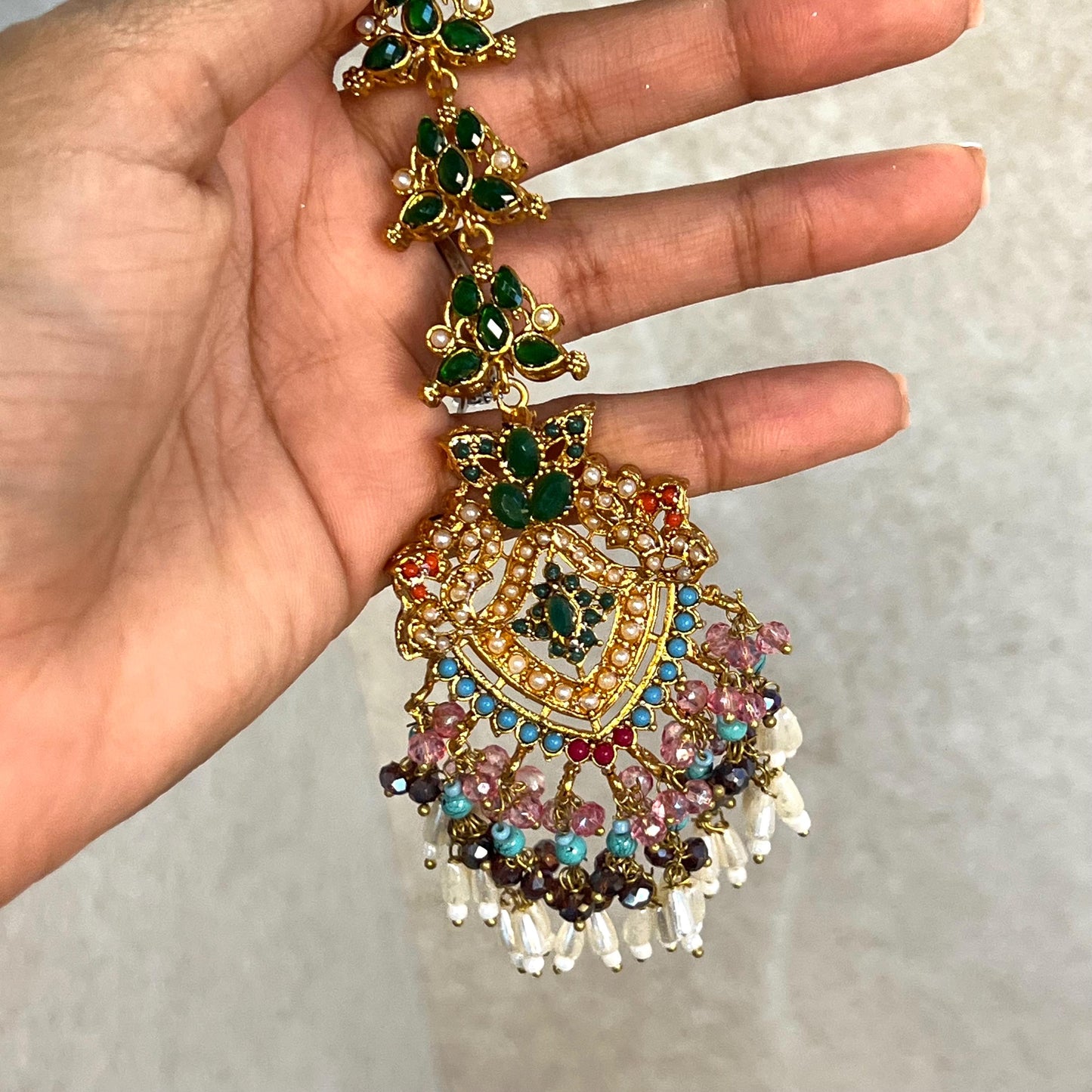 CLEARANCE SALE Beautiful Handmade Multicolour Necklace Set Large Jhumka Earring with chain. Desi/ Indian/ Pakistani/Fashion Jewellery/ Gift