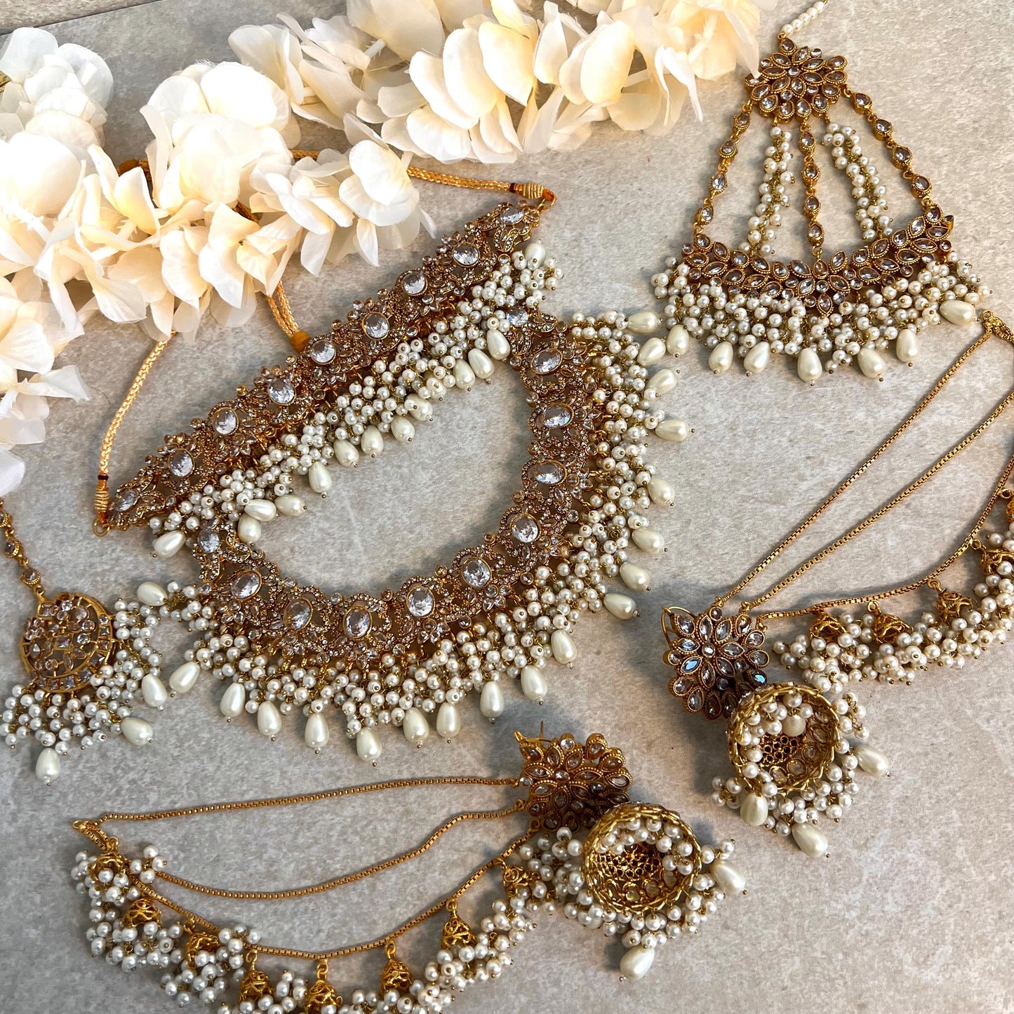 Full Bridal Set - Antique Gold Clear Rhinestone Indian / Pakistani Style/Necklace, Choker, Chain Jhumka Earring, Tikka, Jhumar Wedding/ Gift