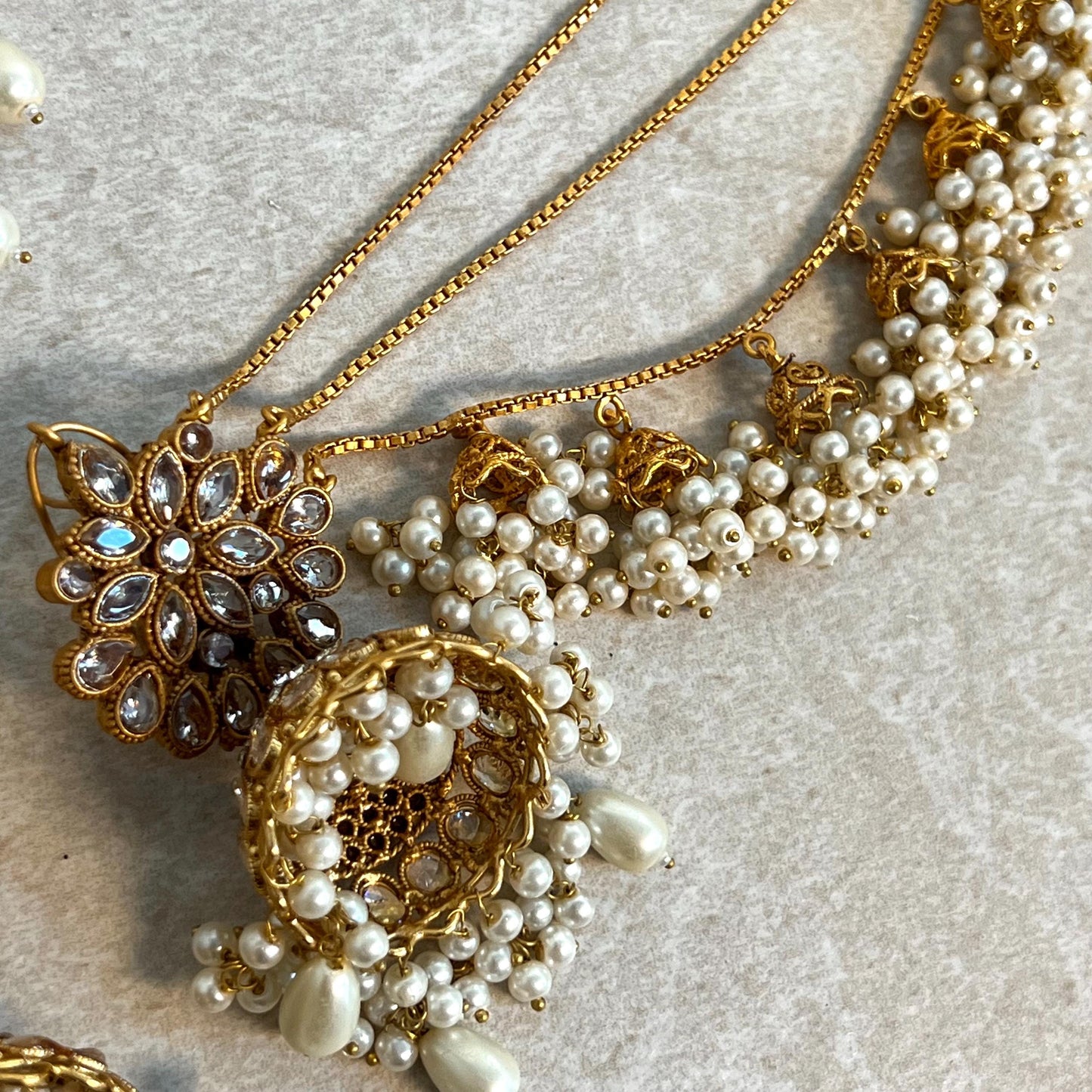 Full Bridal Set - Antique Gold Clear Rhinestone Indian / Pakistani Style/Necklace, Choker, Chain Jhumka Earring, Tikka, Jhumar Wedding/ Gift