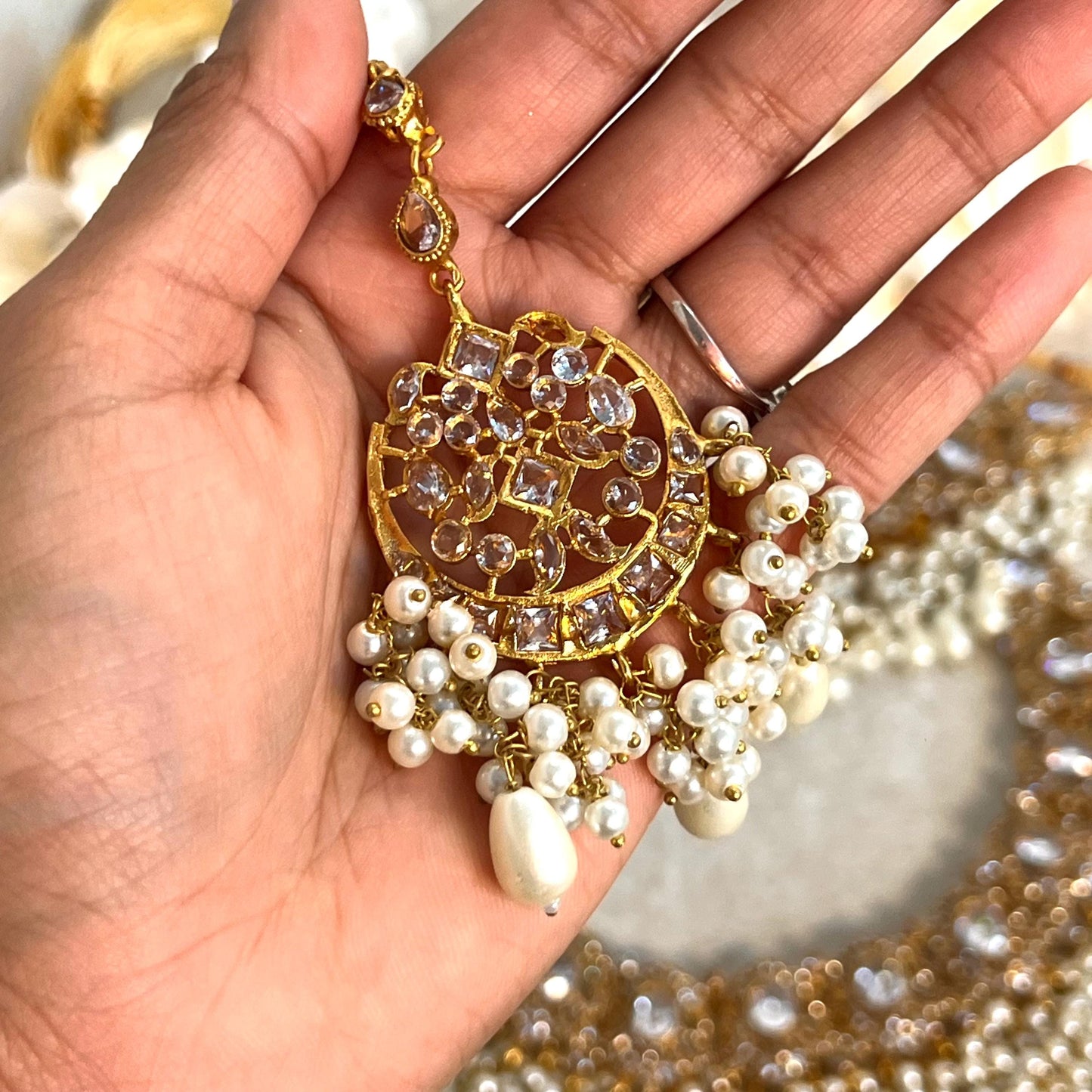 Full Bridal Set - Antique Gold Clear Rhinestone Indian / Pakistani Style/Necklace, Choker, Chain Jhumka Earring, Tikka, Jhumar Wedding/ Gift