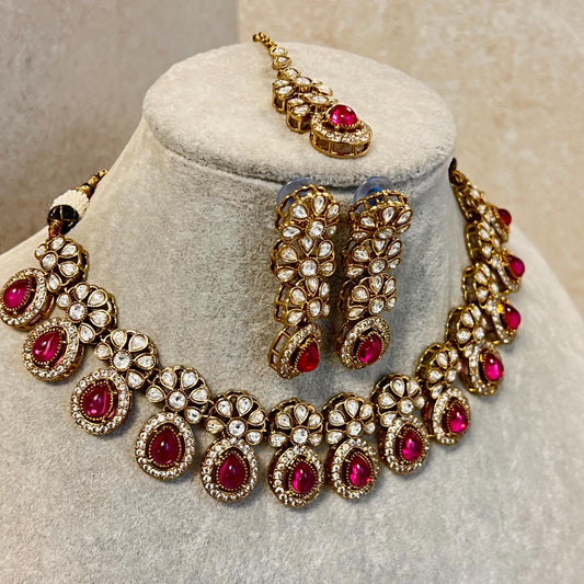 Ruby Gold Faux Kundan Bright Gold Necklace with Earring and Tikka/ Unique Style/ Indian/ Pakistani/Fashion Jewellery/ Gift for Women/