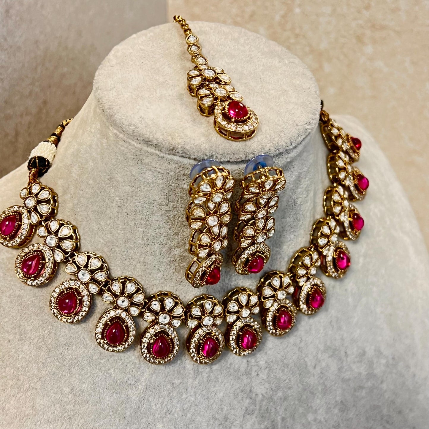 Ruby Gold Faux Kundan Bright Gold Necklace with Earring and Tikka/ Unique Style/ Indian/ Pakistani/Fashion Jewellery/ Gift for Women/