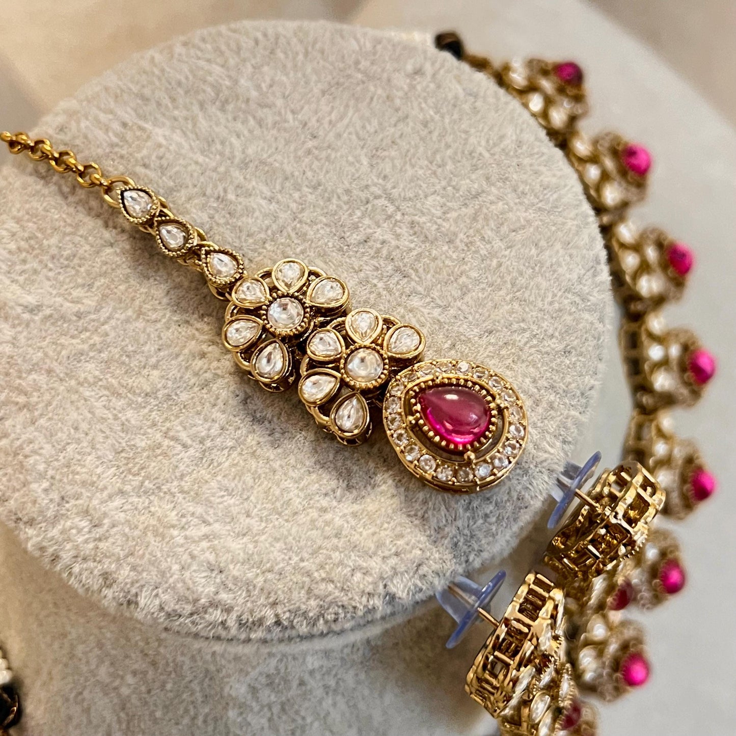 Ruby Gold Faux Kundan Bright Gold Necklace with Earring and Tikka/ Unique Style/ Indian/ Pakistani/Fashion Jewellery/ Gift for Women/