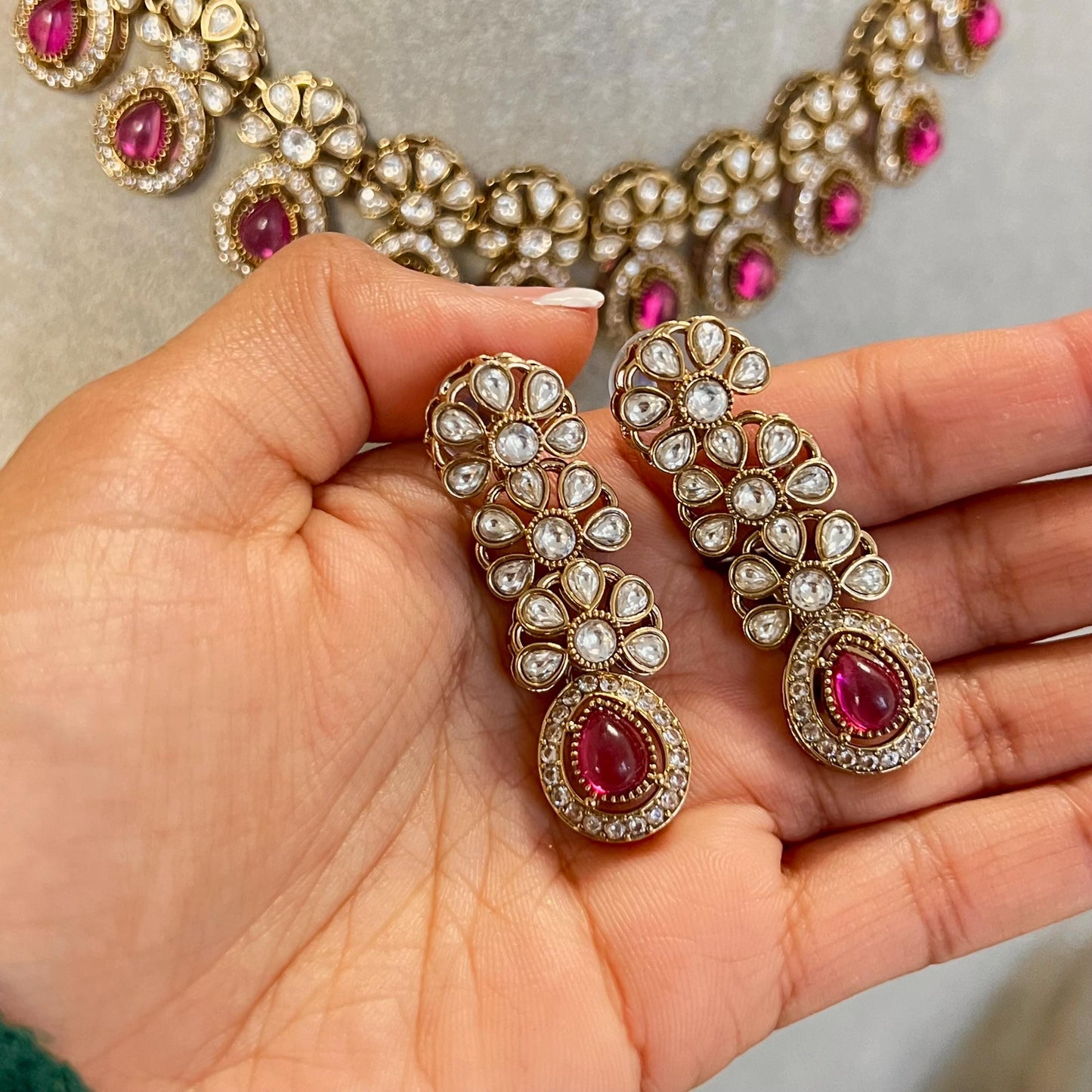 Ruby Gold Faux Kundan Bright Gold Necklace with Earring and Tikka/ Unique Style/ Indian/ Pakistani/Fashion Jewellery/ Gift for Women/