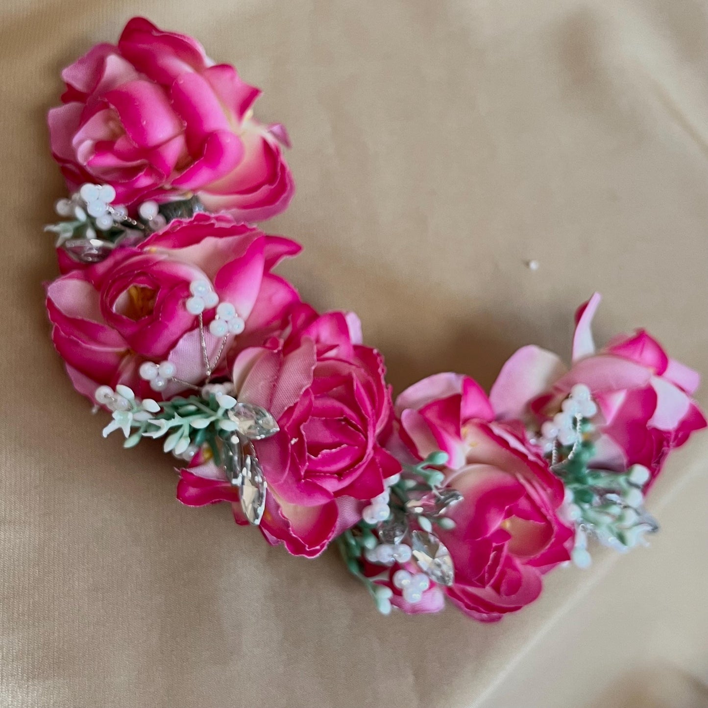 Pink Ladies Floral Bun Gajra Artificial Flower Accessory - Crystal/Hot Pink/ Indian/ Pakistani/Fashion Jewellery/ Gift for Women