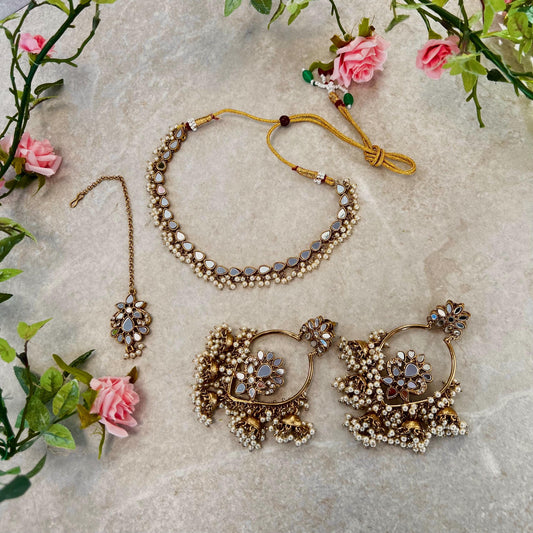 Mirrored Pearl Necklace Set Earring/ Tikka/ Tikli/ Indian/ Pakistani/Fashion Jewellery/ Gift for Women
