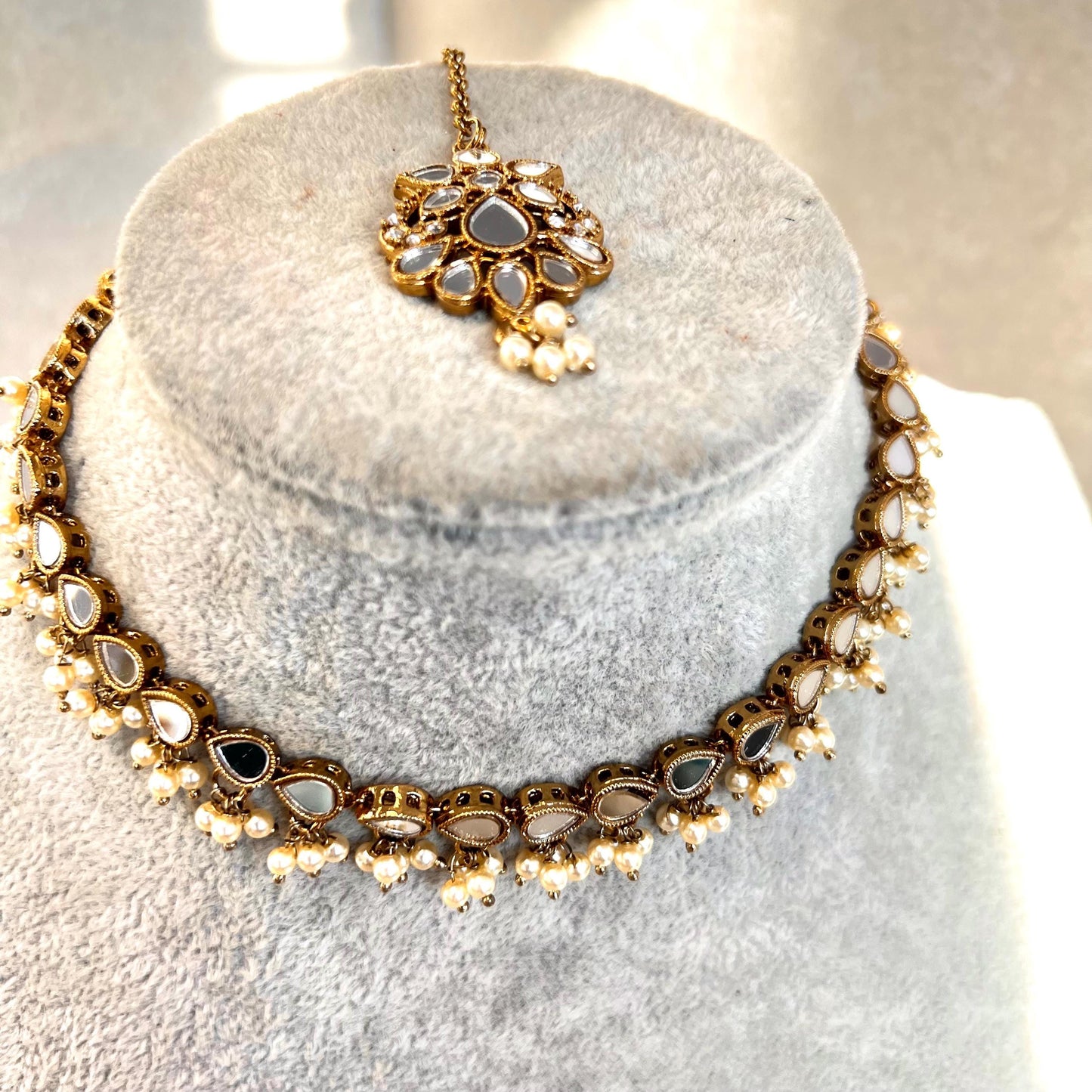 Mirrored Pearl Necklace Set Earring/ Tikka/ Tikli/ Indian/ Pakistani/Fashion Jewellery/ Gift for Women