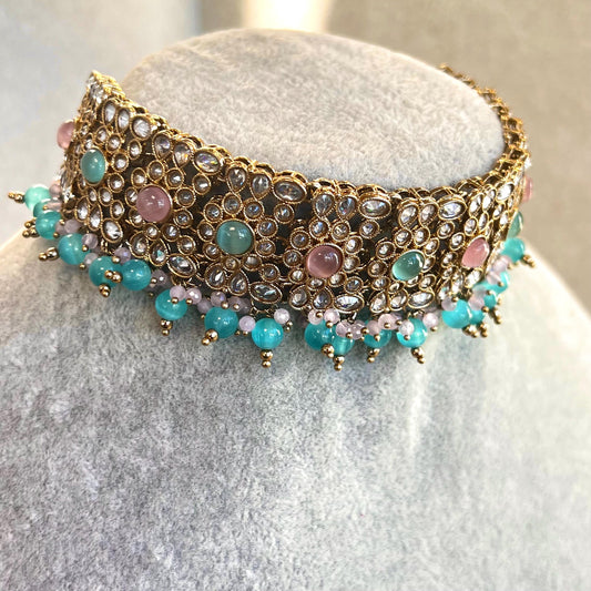Pink Blue Antique Gold Champagne Zircon Crystal Choker Only Pastel Indian Pakistani Bollywood Fashion Jewellery Gift Sale High Quality
