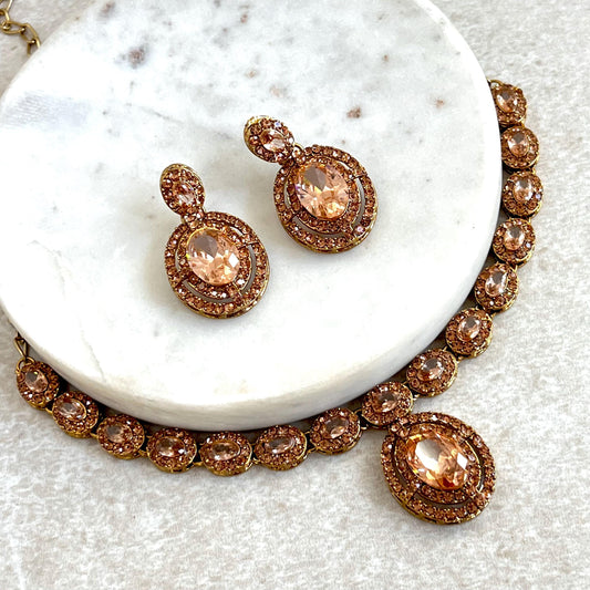 Champagne Antique Gold Small Simple Necklace Earring Set High Quality Indian Pakistani Bollywood Fashion Jewellery Lightweight Sale