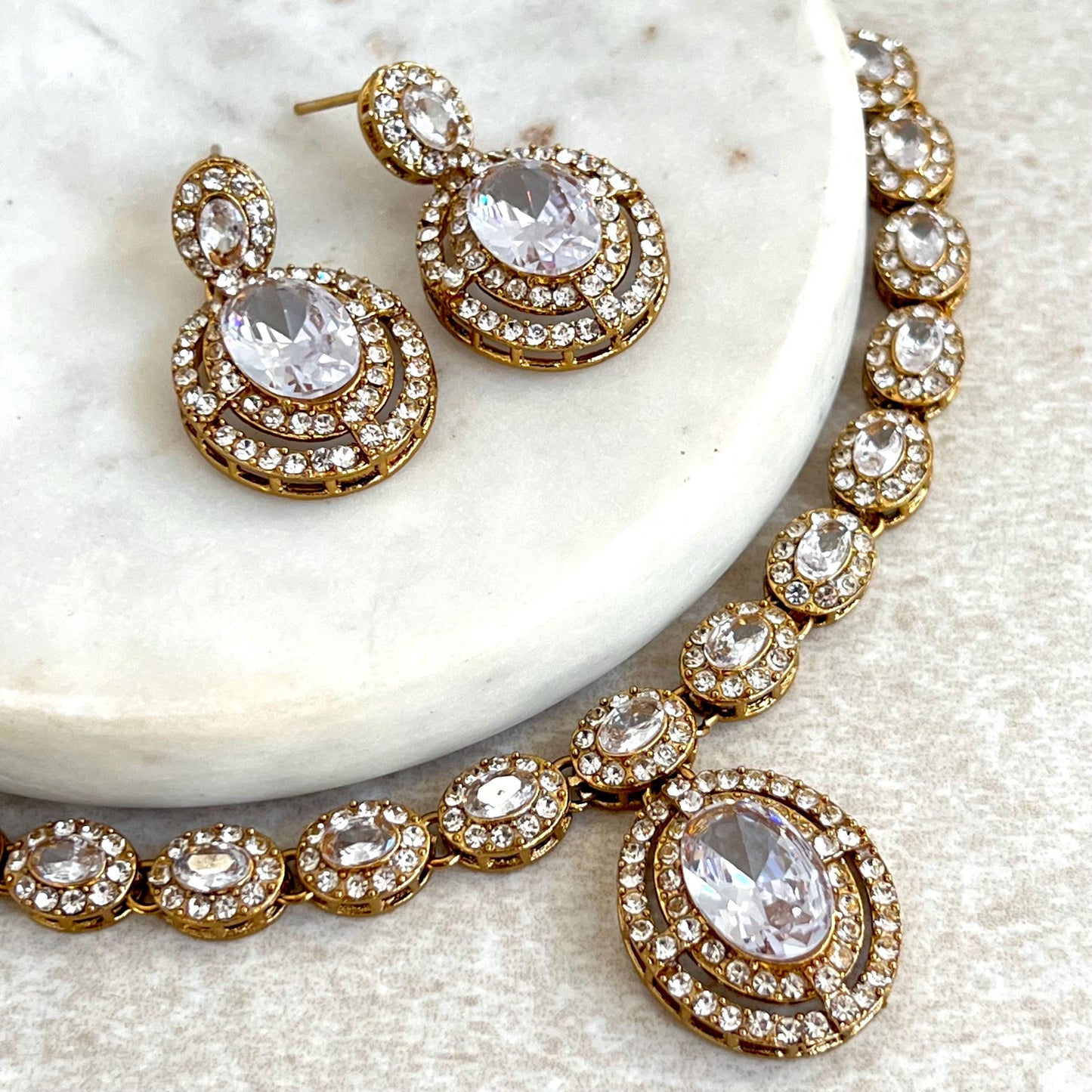 Clear Antique Gold Small Simple Necklace Earring Set High Quality Indian Pakistani Bollywood Fashion Jewellery Lightweight Sale