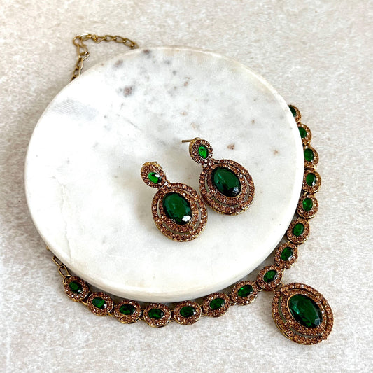 Green Antique Gold Small Simple Necklace Earring Set High Quality Indian Pakistani Bollywood Fashion Jewellery Lightweight Sale