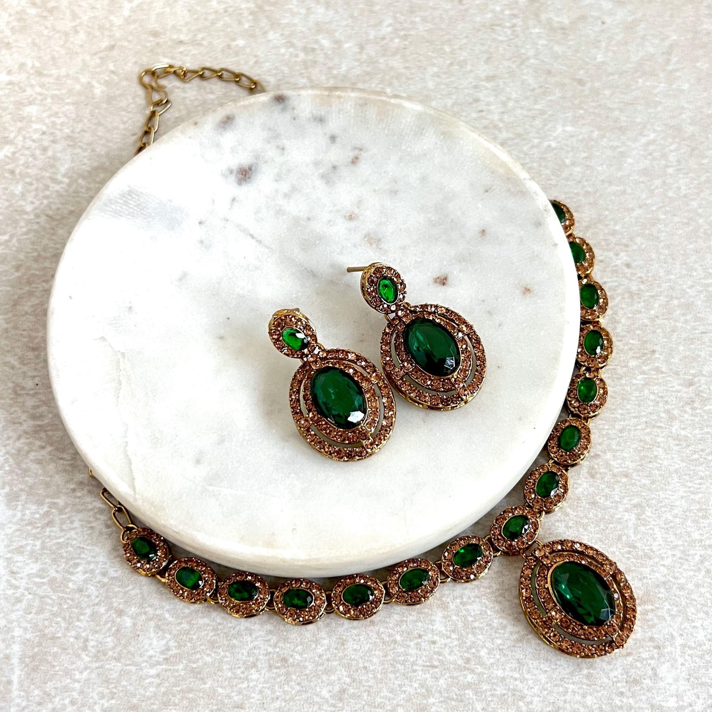 Green Antique Gold Small Simple Necklace Earring Set High Quality Indian Pakistani Bollywood Fashion Jewellery Lightweight Sale