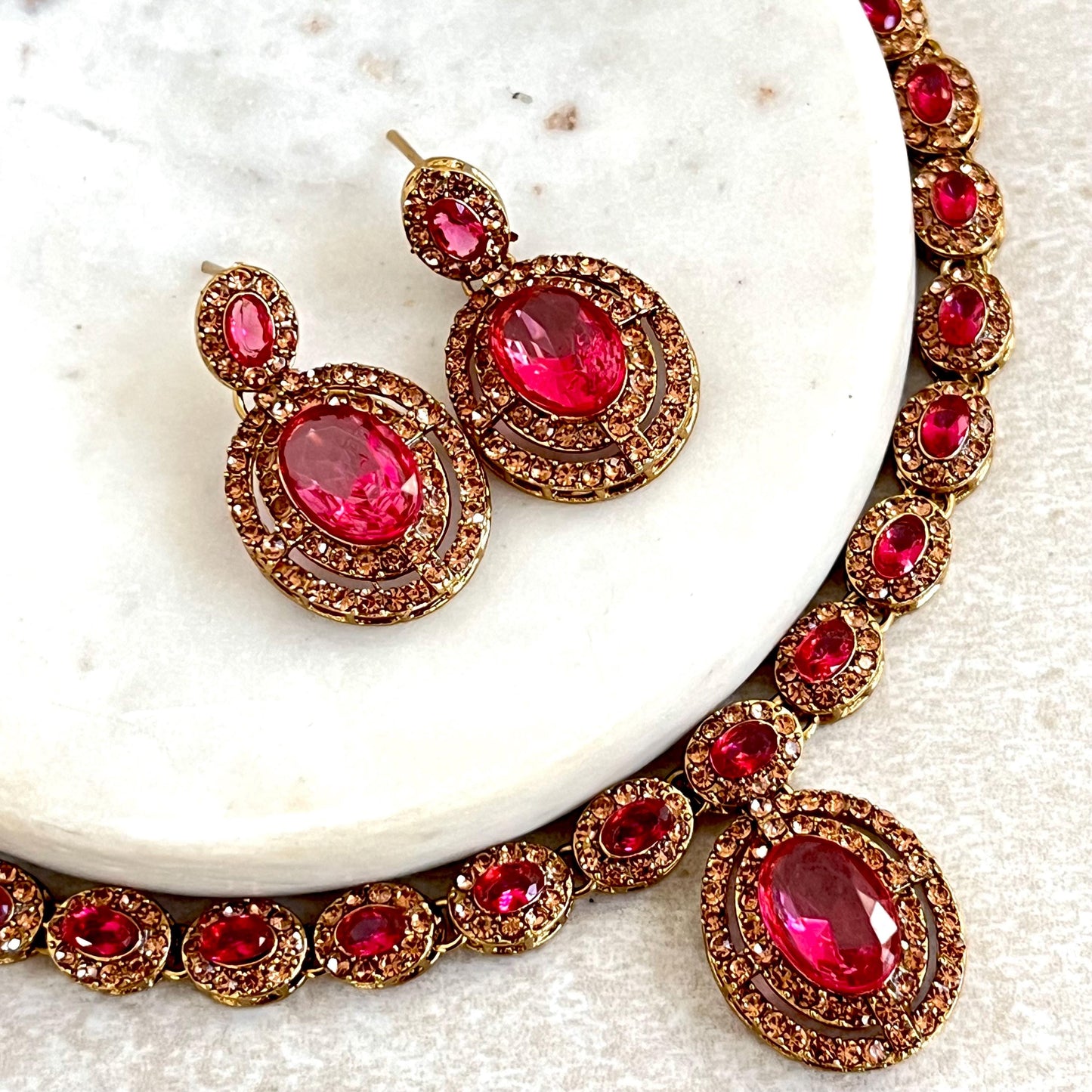 Hot Pink Antique Gold Small Simple Necklace Earring Set High Quality Indian Pakistani Bollywood Fashion Jewellery Lightweight Sale