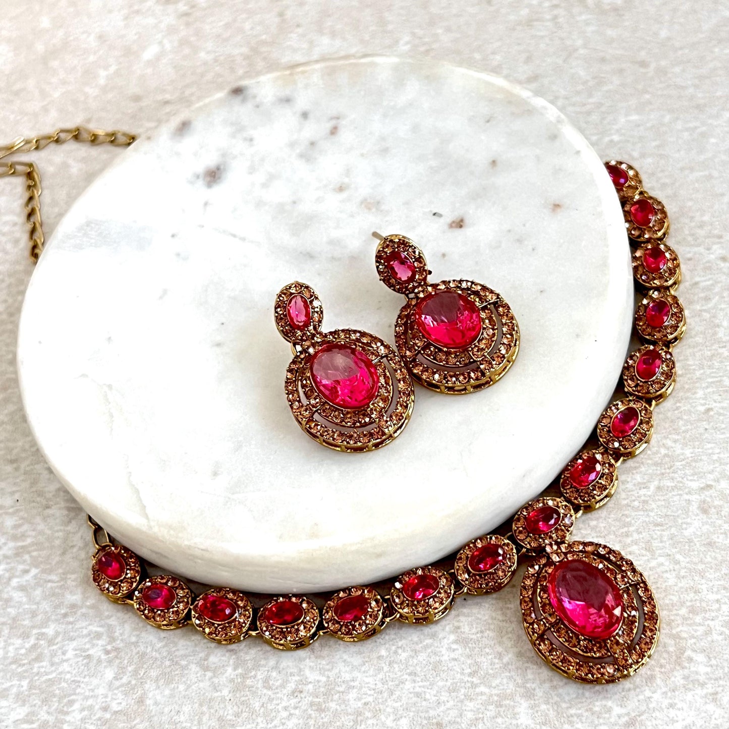 Hot Pink Antique Gold Small Simple Necklace Earring Set High Quality Indian Pakistani Bollywood Fashion Jewellery Lightweight Sale